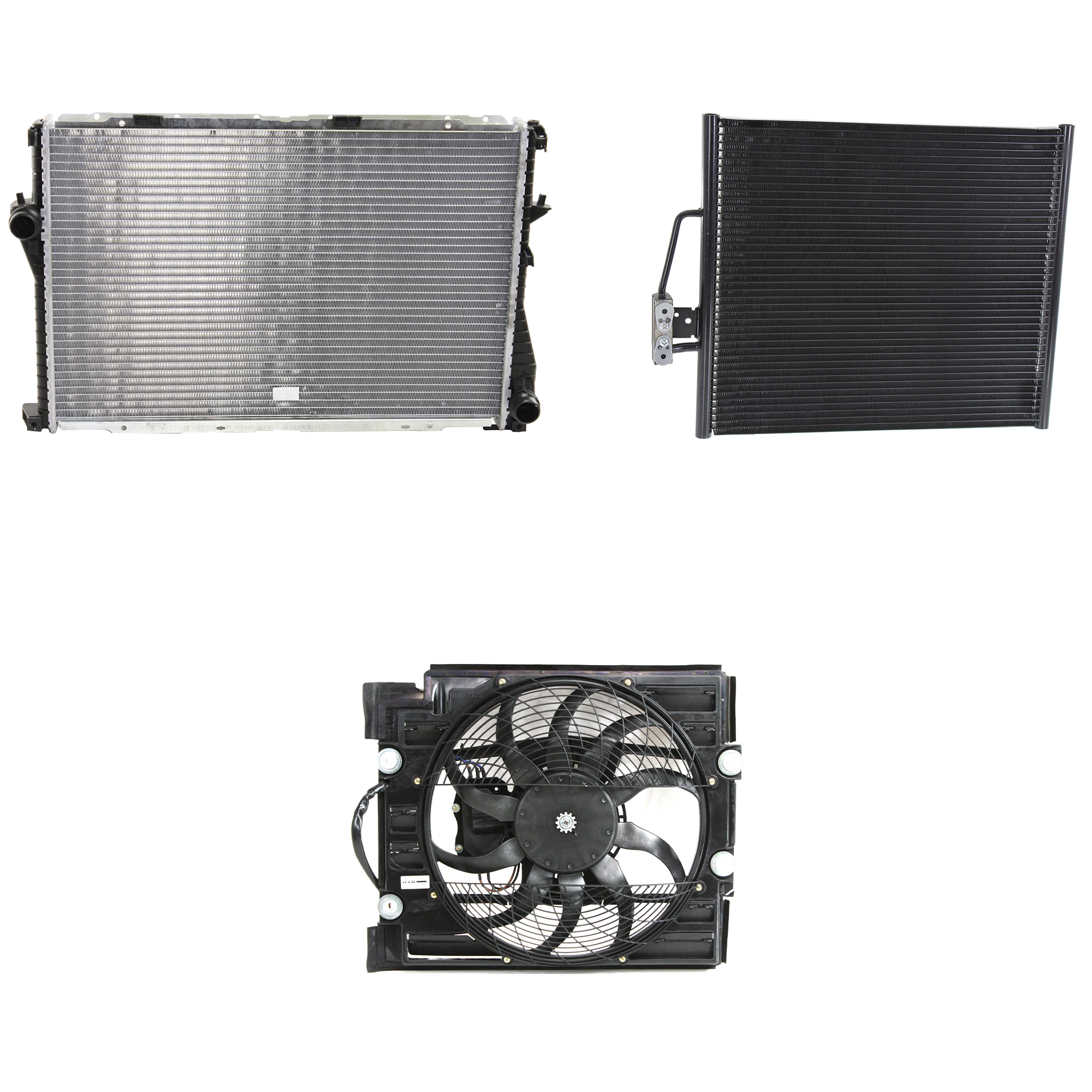 AM 5 SERIES 99-03 A C CONDENSER RADIATOR COOLING FAN KIT 3 pc kit 2.5L 2.8L 3.0L 4.4L Eng. 6 Cyl. and 8 Cyl. SKU KIT 072324-113 Partslink BM3030107 BM3113109 BM3010109 OEM 64538378438-64546921395-171114