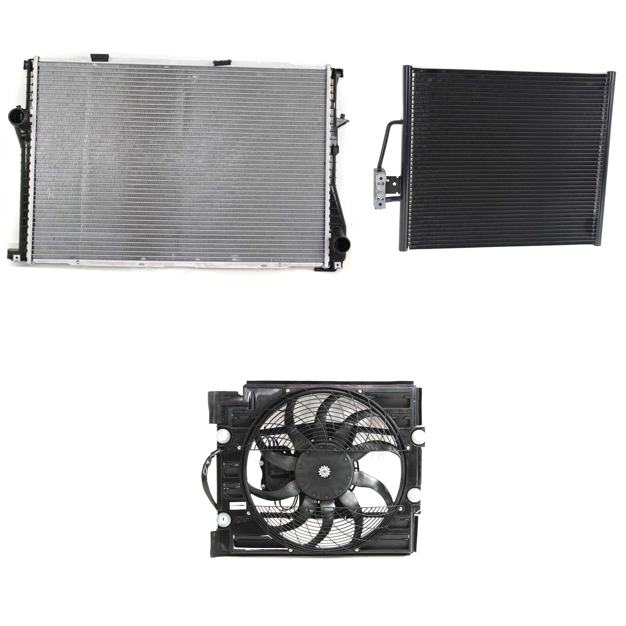 AM 540I 99-03 A C CONDENSER RADIATOR COOLING FAN KIT 3 pc kit 4.4L Eng. 8 Cyl. SKU KIT 072324-114 Partslink BM3030107 BM3113109 BM3010110 OEM 64538378438-64546921395-171114