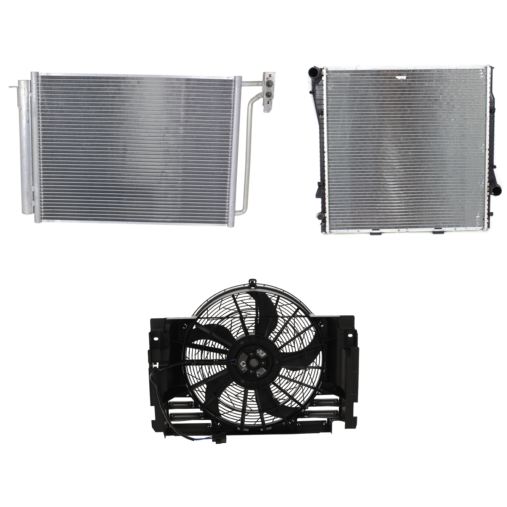 AM X5-00-06 A C CONDENSER 3 pc kit 4.4L 4.6L 4.8L Eng. 8 Cyl. w Cooling Fan Assembly and Radiator SKU KIT 072324-15 Partslink BM3030110 BM3020102 BM3010121 OEM 64536914216-64546921381-171014