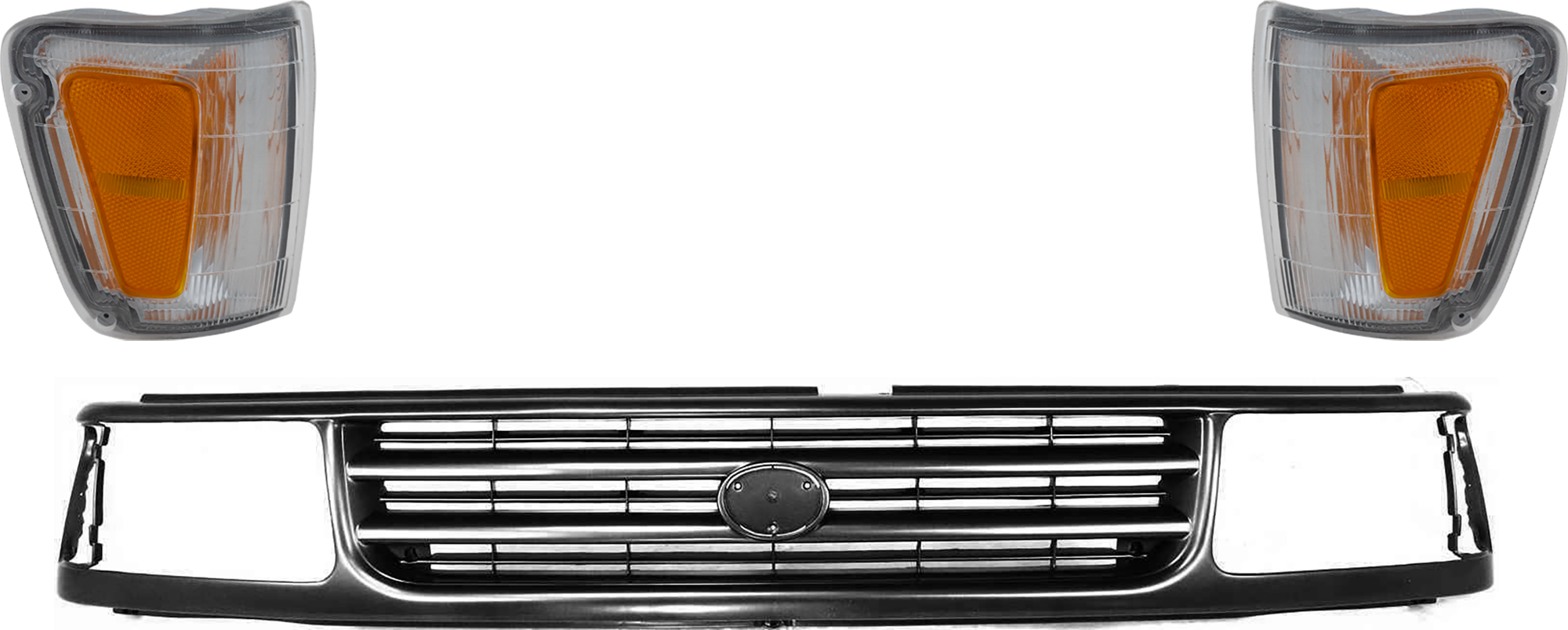 AM T100-93-98 GRILLE 3 pc Kit Gray Shell and Insert with Corner Light SKU KIT 072324-169 Partslink TO1200191 TO2520140 TO2521140 OEM 5311134010-8162034010-81610340