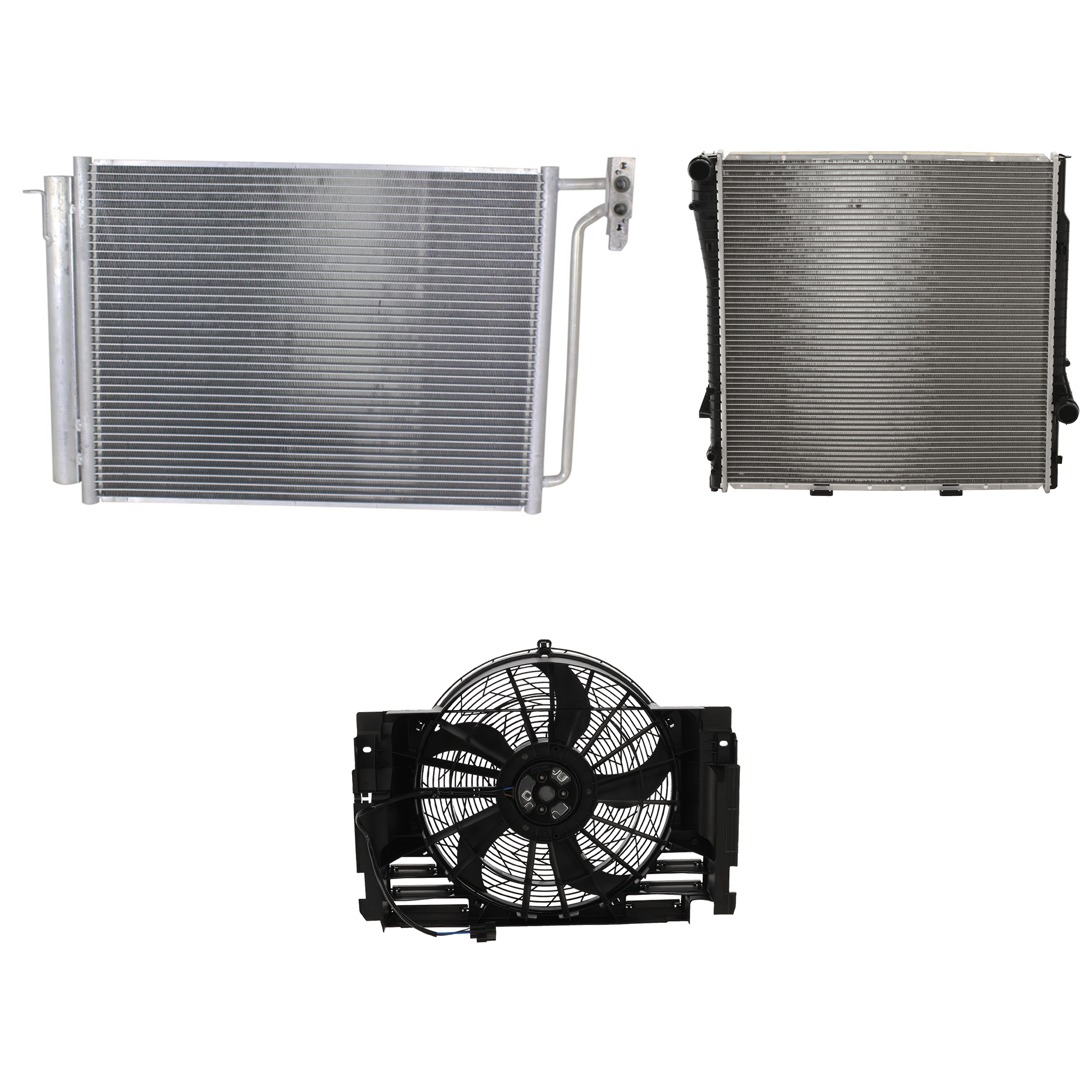 AM X5-01-06 A C CONDENSER 3 pc kit 3.0L Eng. 6 Cyl. w Cooling Fan Assembly and Radiator SKU KIT 072324-16 Partslink BM3030110 BM3020102 BM3010120 OEM 64536914216-64546921381-171075