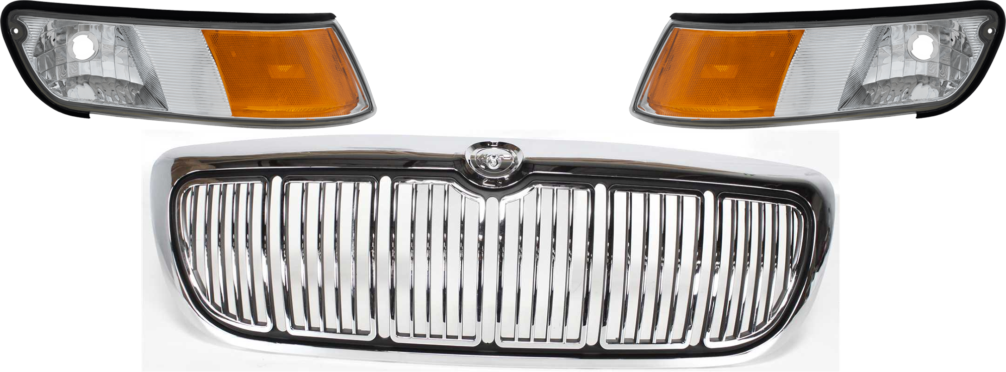 AM GRAND MARQUIS 98-02 GRILLE 3 pc Kit Chrome Shell Painted Black Insert with Corner Light SKU KIT 072324-170 Partslink FO1200353 FO2550124 FO2551124 OEM F8MZ8200AA XW3Z15A201BB XW3Z15