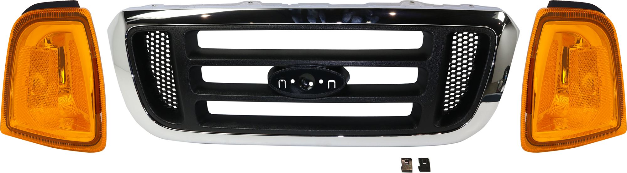 AM RANGER 04-05 GRILLE 3 pc Kit Horizontal Bar Insert Chrome Shell Painted Black Insert with Corner Light SKU KIT 072324-172 Partslink FO1200455 OEM 4L5Z8200FAA 1L5Z15A201AA PFM 1