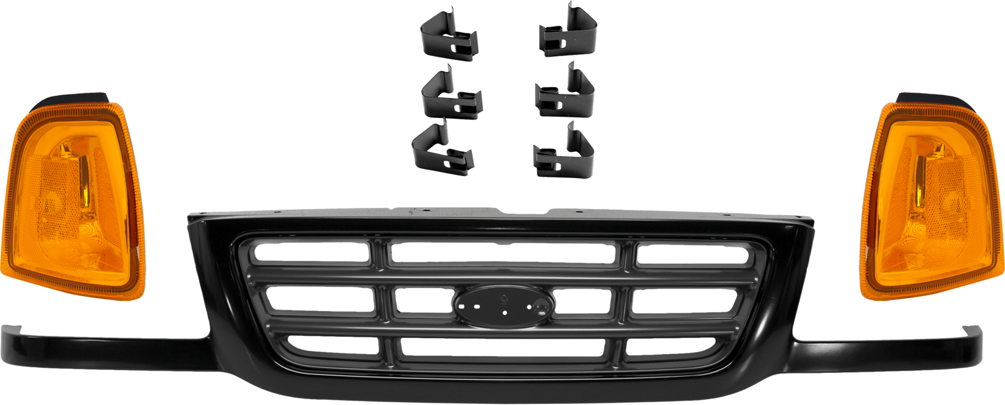 AM RANGER 01-03 GRILLE 3 pc Kit Cross Bar Insert Painted Black Shell and Insert with Corner Light SKU KIT 072324-173 OEM 3L5Z8200AA 1L5Z15A201AA PFM 1L