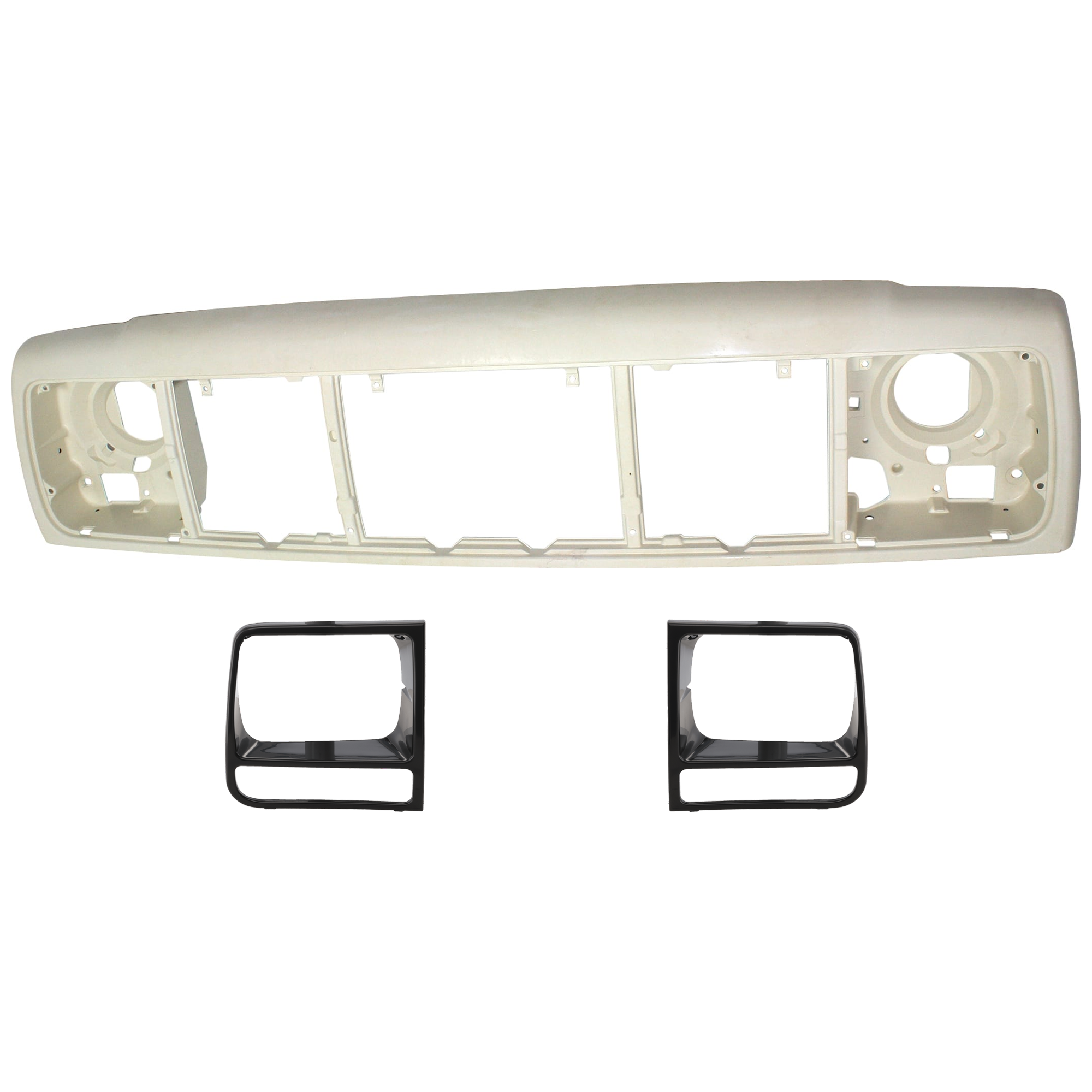 AM CHEROKEE 98-01 HEADER PANEL 3 pc Kit Thermoplastic PTM with Headlight Door SKU KIT 072324-176 Partslink CH1220115 CH2513156 CH2512156 OEM 55055233AF 55055233AE 5EM72SW1