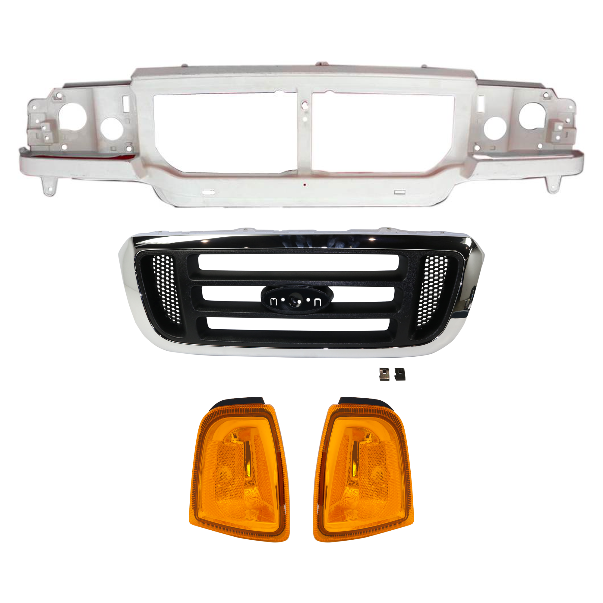 AM RANGER 04-05 HEADER PANEL 4 pc Kit with Corner Light and Grille Assembly SKU KIT 072324-184 Partslink FO1220228 FO1200455 OEM 6L5Z8A284AA 1L5Z15A201BA PFM 1