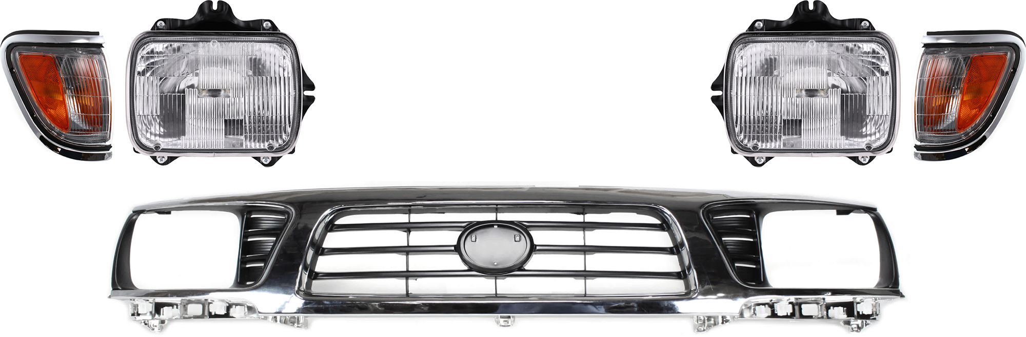 AM TACOMA 95-97 GRILLE 5 pc Kit Chrome Shell Painted Black Insert with Corner Light and Headlight SKU KIT 072324-188 Partslink TO1200197 TO2520143 TO2521143 TO2500113 TO2501117 OEM 5310035340-8162004040-81610040