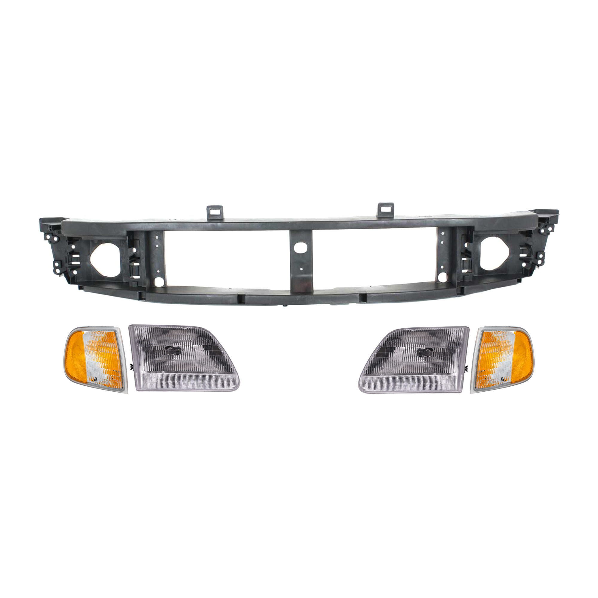AM F 150-97-03 EXPEDITION 97-02 HEADER PANEL 5 pc Kit Grille Mounting Panel with Corner Light and Headlight SKU KIT 072324-189 Partslink FO1220210 FO2551118 FO2550118 FO2502139 FO2503139 OEM F85Z8A284BA F75Z13200AC F75Z13