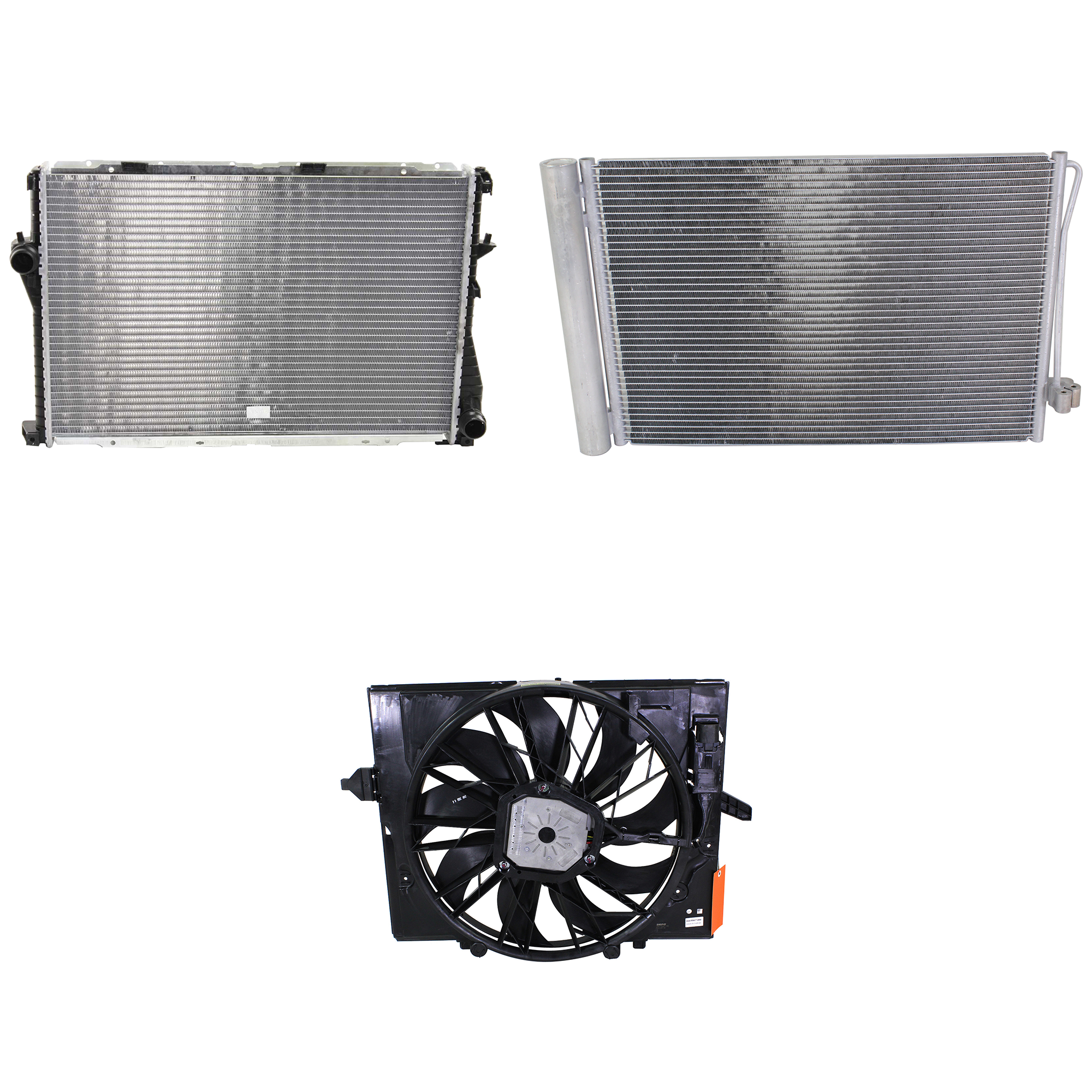 AM 545I 04-05 A C CONDENSER RADIATOR COOLING FAN KIT 3 pc kit 4.4L Eng. 8 Cyl. SKU KIT 072324-18 Partslink BM3030121 BM3115107 BM3010109 OEM 64509122825-17427543282-171114