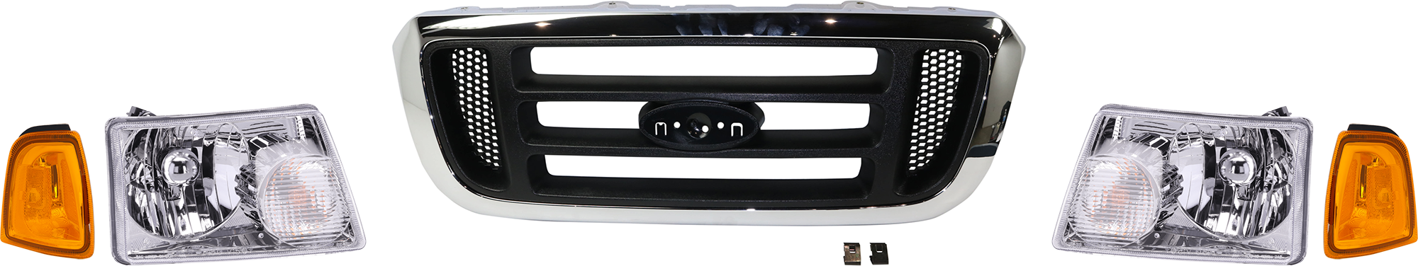 AM RANGER 04-05 GRILLE 5 pc Kit Horizontal Bar Insert Chrome Shell Painted Black Insert with Corner Light and Headlight SKU KIT 072324-190 Partslink FO1200455 FO2503173 FO2502173 OEM 4L5Z8200FAA 1L5Z15A201BA PFM 1