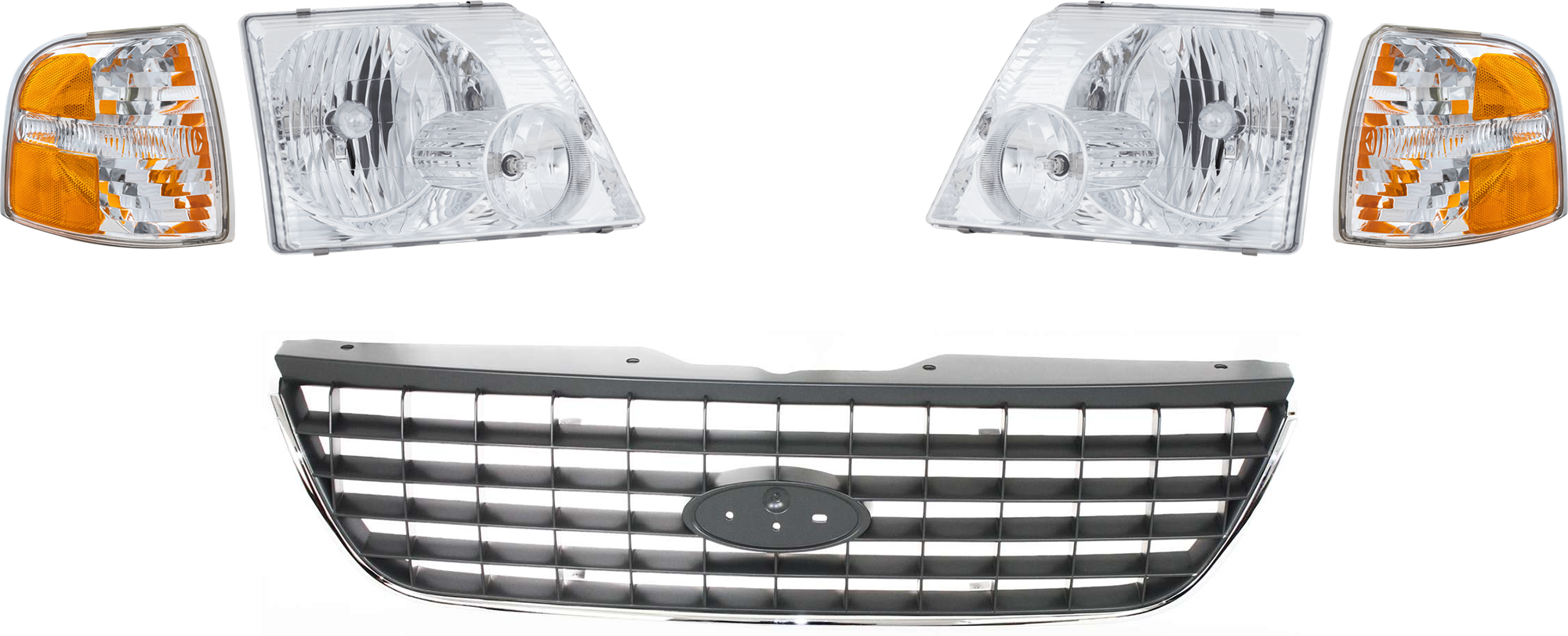 AM EXPLORER 02-04 GRILLE 5 pc Kit Gray Shell and Insert w Chr Molding with Corner Light and Headlight SKU KIT 072324-192 Partslink FO1200396 FO2521167 FO2520167 FO2503176 FO2502176 OEM 1L2Z8200AAB 1L2Z8200AAA 1L2Z82