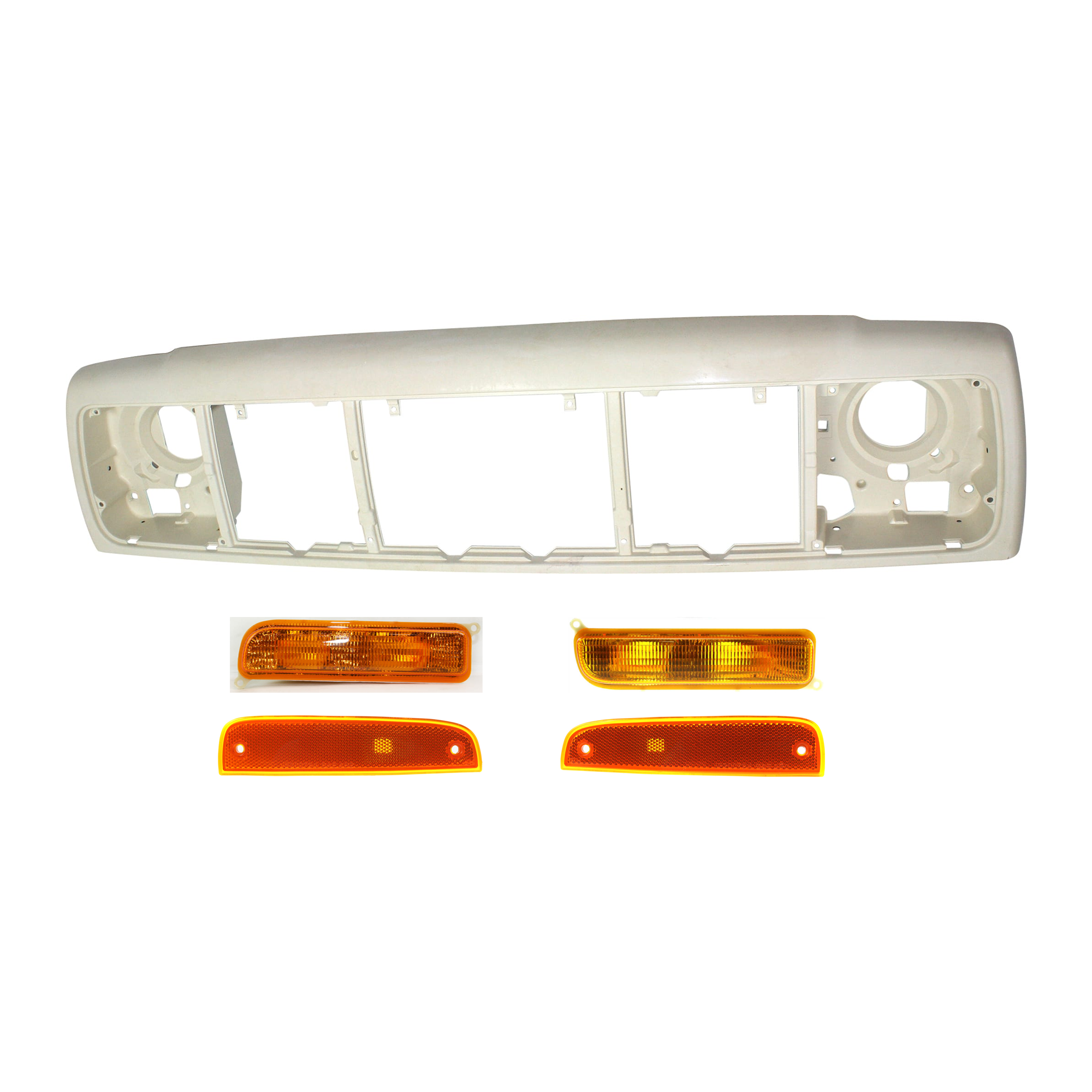 AM CHEROKEE 97-01 HEADER PANEL 5 pc Kit Thermoplastic PTM with Side Marker and Turn Signal Light SKU KIT 072324-193 Partslink CH1220115 CH2550118 CH2551118 CH2520127 CH2521127 OEM 55055233AF 55055233AE 55055147