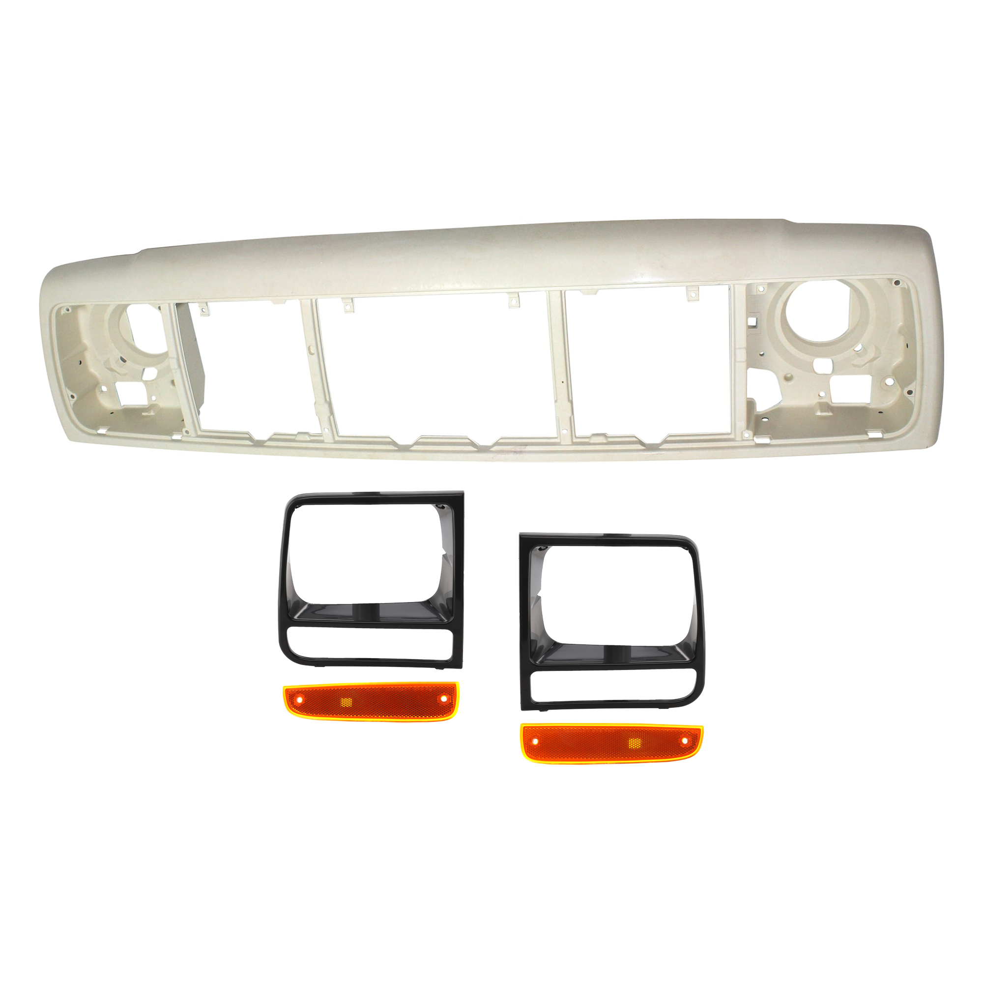 AM CHEROKEE 98-01 HEADER PANEL 5 pc Kit Thermoplastic PTM with Headlight Door and Side Marker SKU KIT 072324-194 Partslink CH1220115 CH2513156 CH2512156 CH2551118 CH2550118 OEM 55055233AF 55055233AE 5EM72SW1