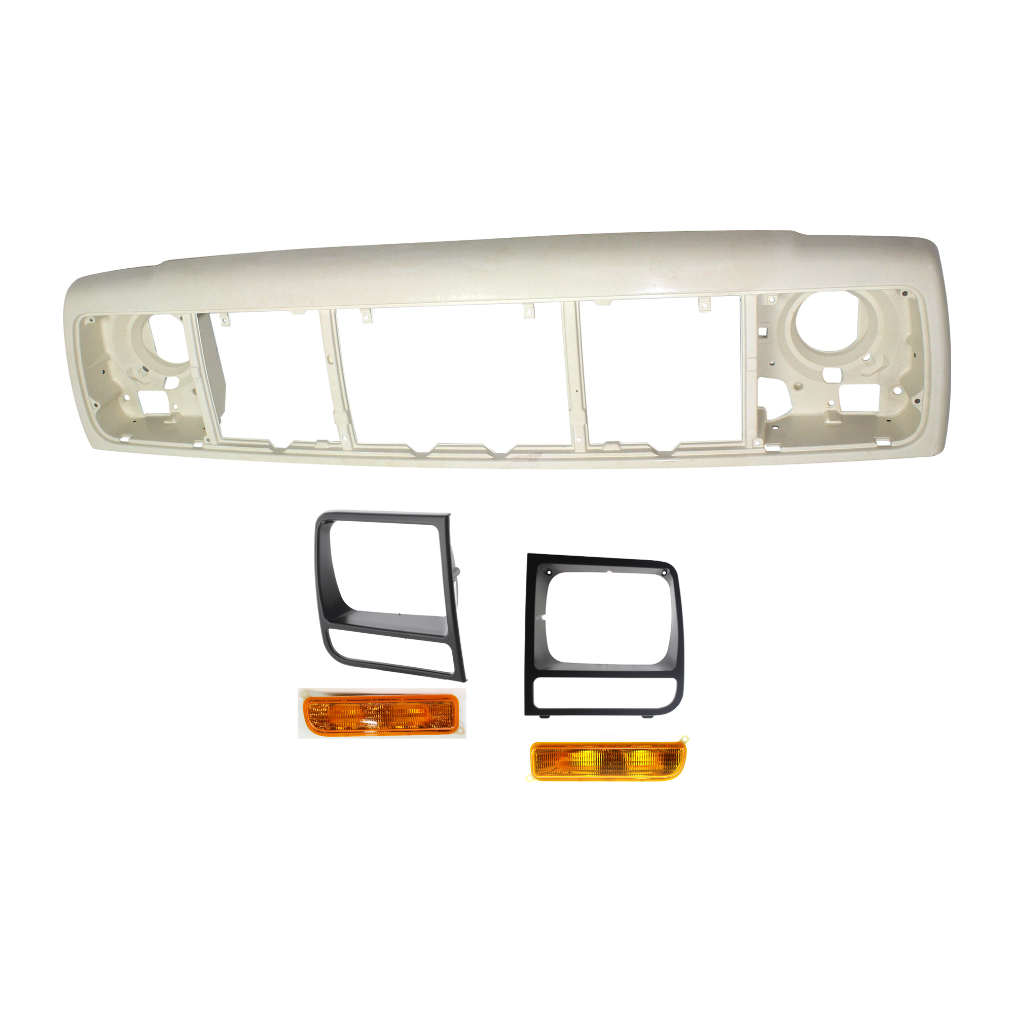 AM CHEROKEE 97-01 HEADER PANEL 5 pc Kit Thermoplastic PTM with Headlight Door and Turn Signal Light SKU KIT 072324-195 Partslink CH1220115 CH2512157 CH2513157 CH2520127 CH2521127 OEM 55055233AF 55055233AE 55055137