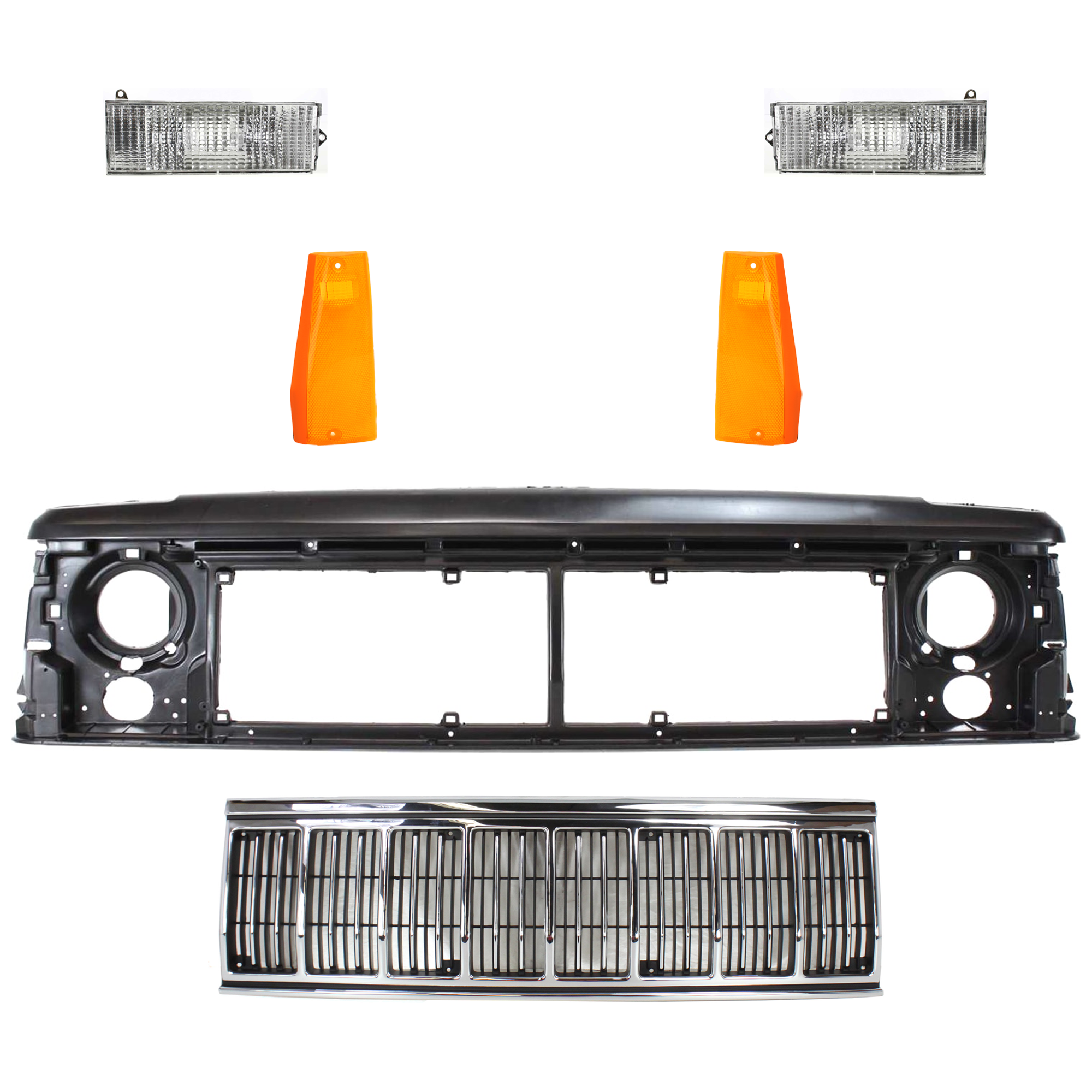 AM CHEROKEE 91-96 HEADER PANEL 6 pc Kit Thermoplastic with Grille Assembly Side Marker and Turn Signal Light SKU KIT 072324-199 Partslink CH1220107 CH1200196 CH2551113 CH2550113 CH2530101 CH2531101 OEM 55294926-55034046AB 56000110-5