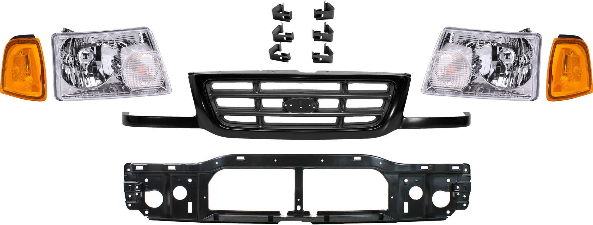 AM RANGER 01-03 GRILLE 6 pc Kit Cross Bar Insert Painted Black Shell and Insert with Corner Light Header Panel and Headlight SKU KIT 072324-201 Partslink FO1200393 FO1220219 FO2502173 FO2503173 OEM 3L5Z8200AA 1L5Z15A201AA PFM 1L