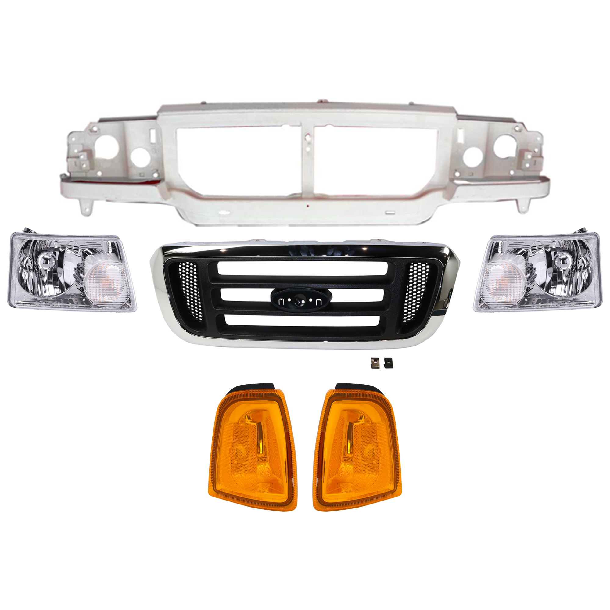 AM RANGER 04-05 HEADER PANEL 6 pc Kit with Corner Light Grille Assembly and Headlight SKU KIT 072324-202 Partslink FO1220228 FO1200455 FO2502173 FO2503173 OEM 6L5Z8A284AA 1L5Z15A201AA PFM 1