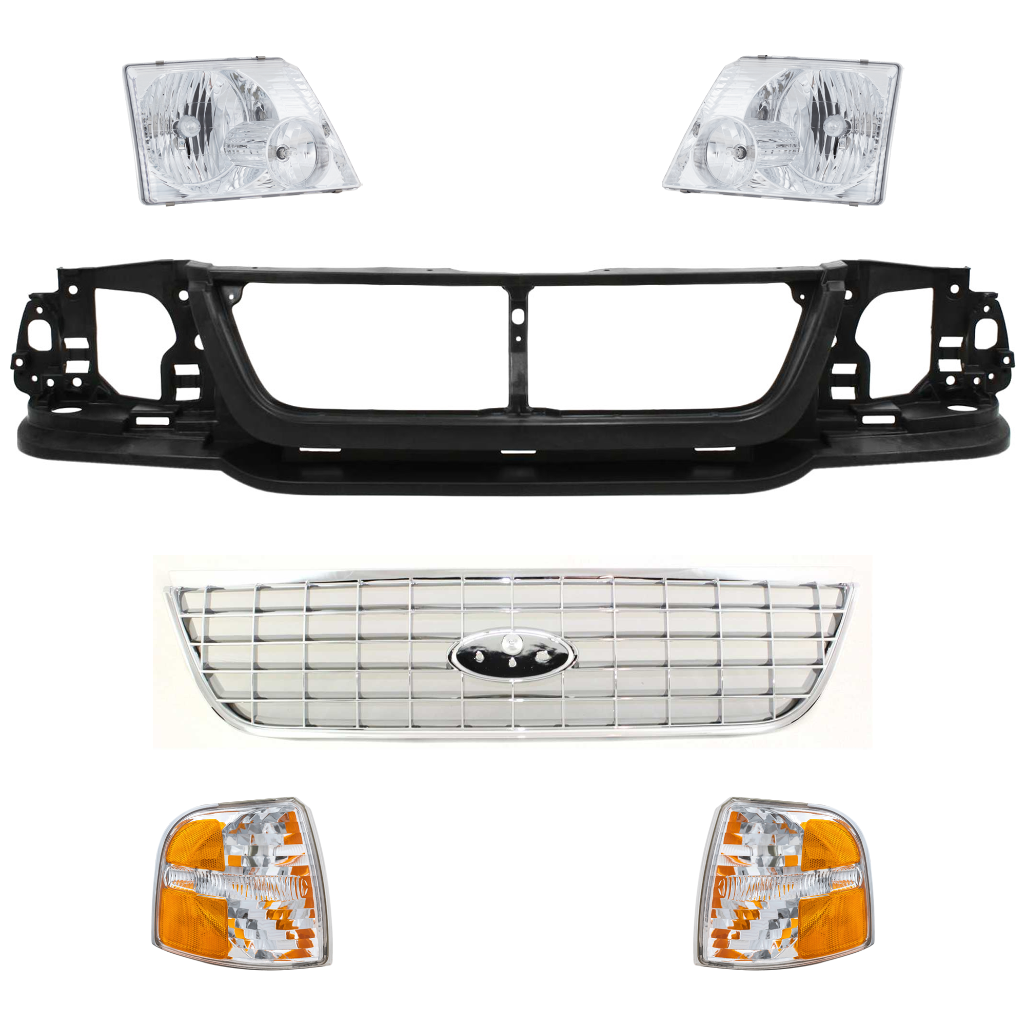 AM EXPLORER 02-04 HEADER PANEL 6 pc Kit Grille Opening Panel with Corner Light Grille Assembly and Headlight SKU KIT 072324-203 Partslink FO1221123 FO2520167 FO2521167 FO1200402 FO2502176 FO2503176 OEM 1L2Z8190AA 1L2Z13201AA 1L2Z132
