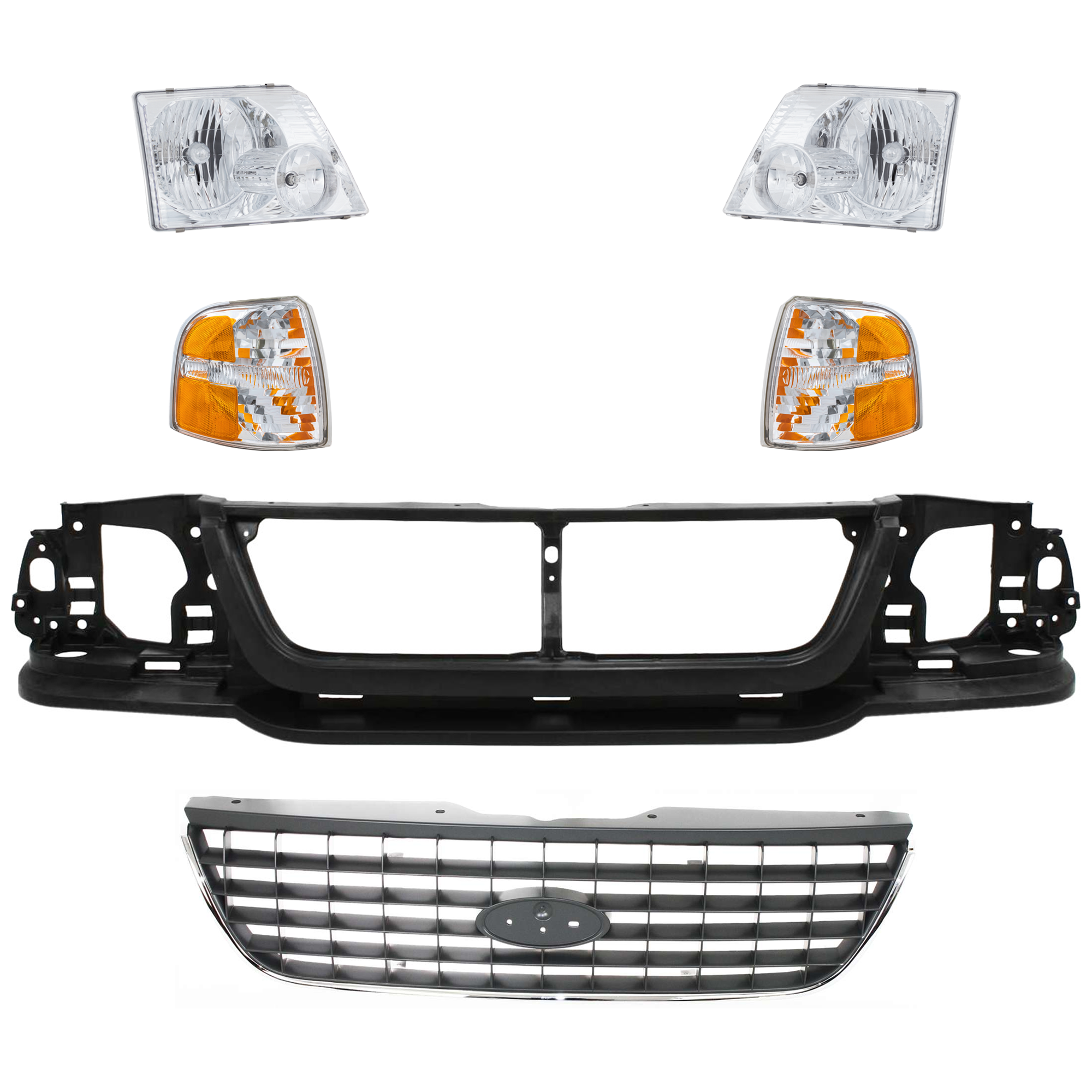 AM EXPLORER 02-04 HEADER PANEL 6 pc Kit Grille Opening Panel with Corner Light Grille Assembly and Headlight SKU KIT 072324-204 Partslink FO1221123 FO2521167 FO2520167 FO1200396 FO2503176 FO2502176 OEM 1L2Z8190AA 1L2Z13200AA 1L2Z132