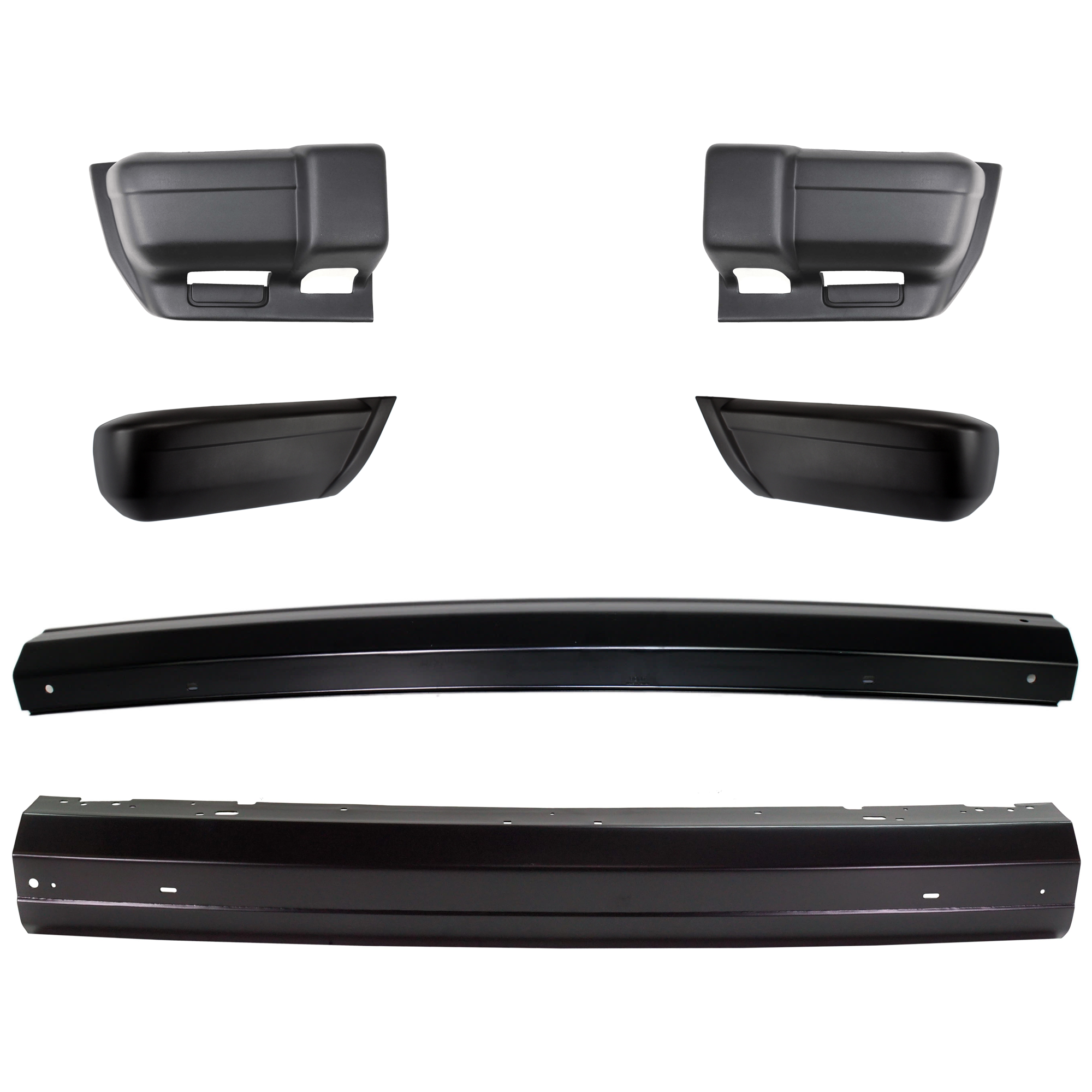 AM CHEROKEE 97-99 FRONT AND REAR BUMPER 6 pc kit Face Bar Black with Bumper End SKU KIT 072324-205 Partslink CH1002257 CH1102338 CH1104139 CH1105139 CH1004126 CH1005126 OEM 5019155AA 5EE84TZZAF 5DY11DX9