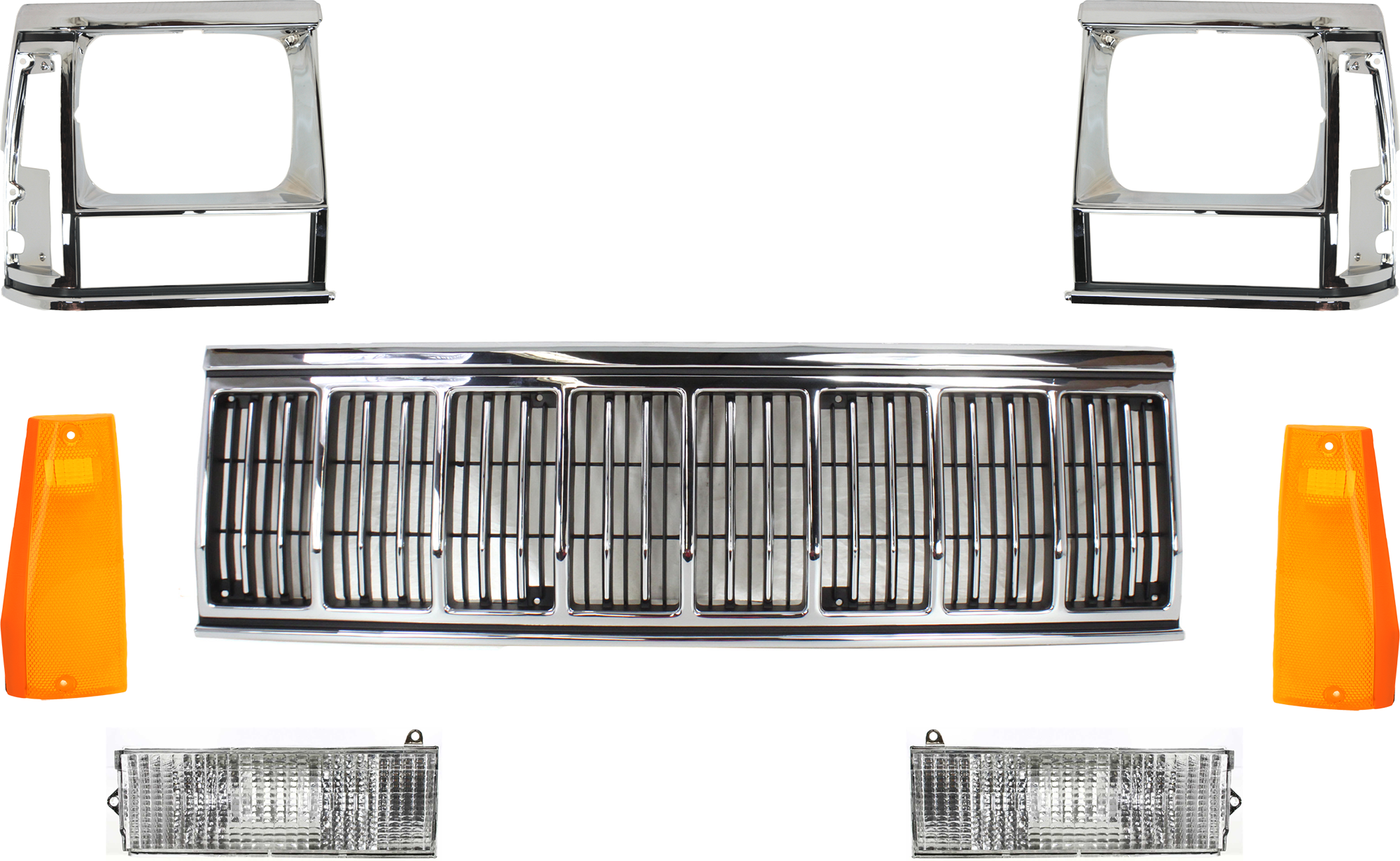 AM CHEROKEE 91-96 GRILLE 7 pc Kit Chrome Shell Painted Black Insert with Headlight Door Side Marker and Turn Signal Light SKU KIT 072324-210 Partslink CH1200196 CH2512123 CH2513123 CH2550113 CH2551113 CH2530101 CH2531101 OEM 55034046AB 55034079-55034078-5