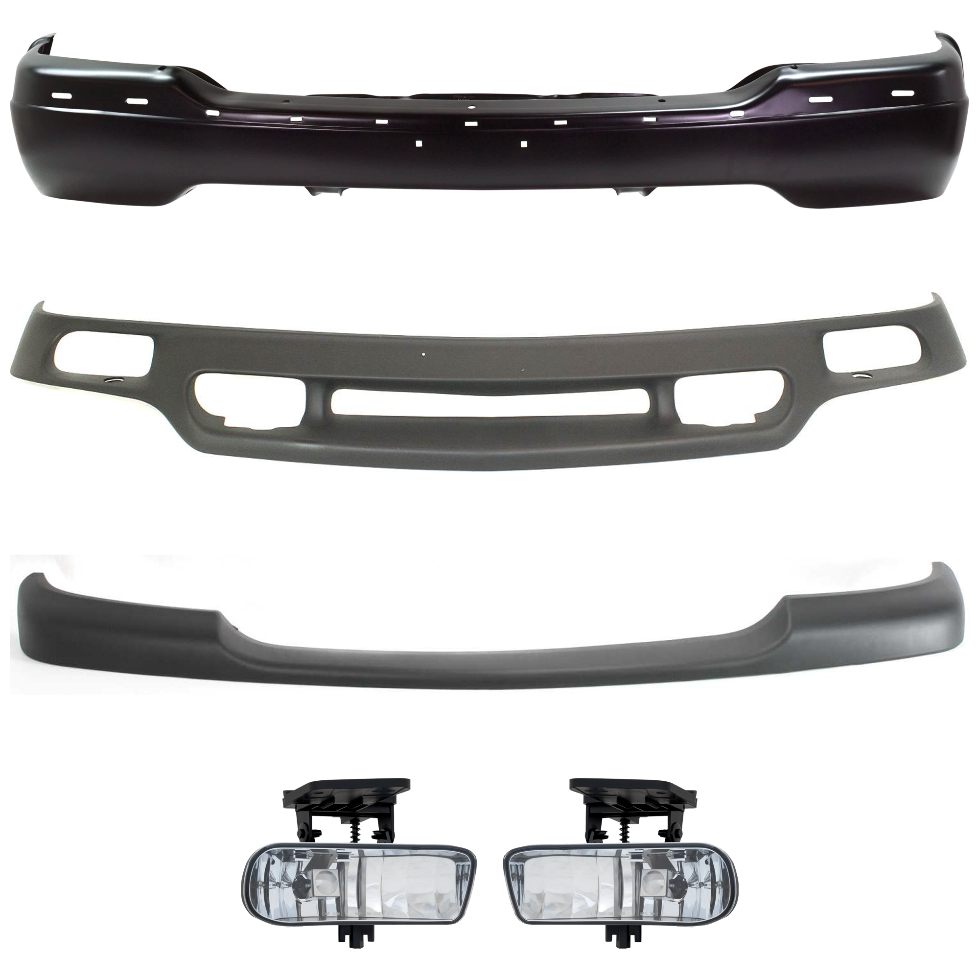 AM SIERRA 99-02 K1500 K2500 FRONT BUMPER 5 pc kit w Bumper Trim Fog Light and Valance Black w o Air holes w o Bracket SKU KIT 072324-211 Partslink GM1002374 GM1051105 GM2592110 GM2593110 GM1092169 OEM 12479717-15748374-10385054-103