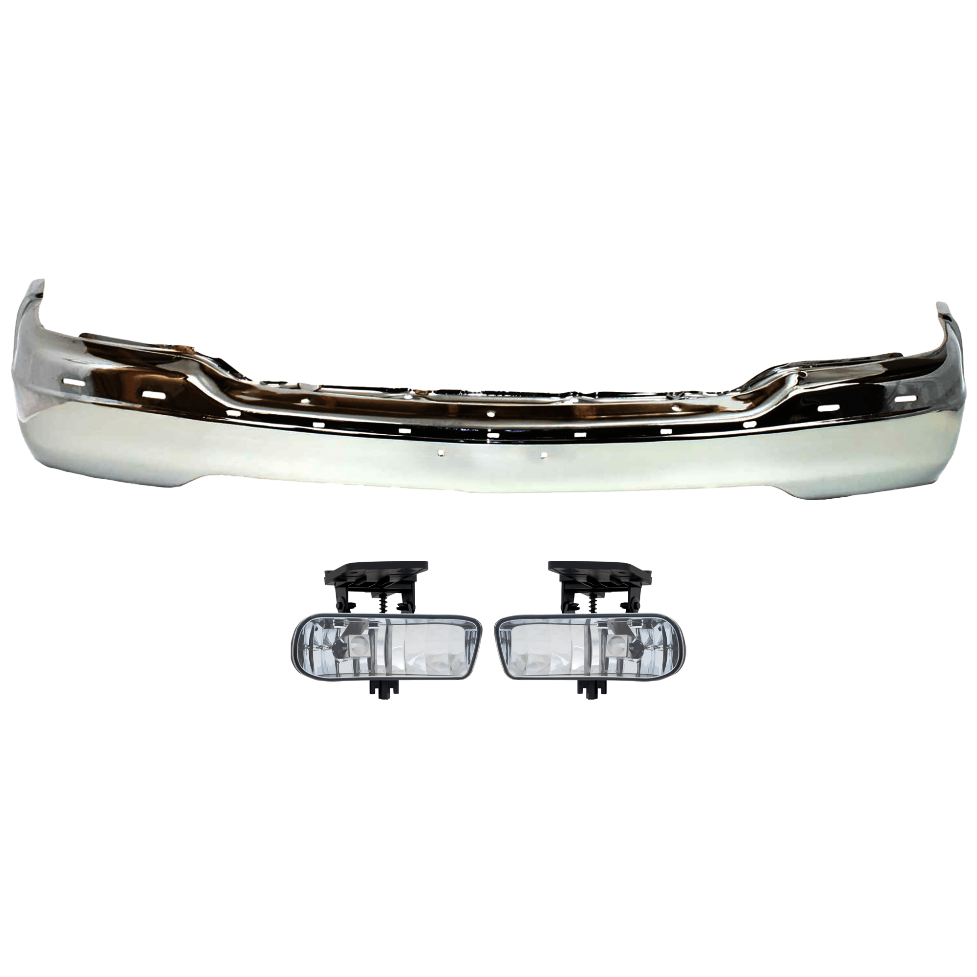 AM SIERRA 99-02 YUKON 00-06 FRONT BUMPER 3 pc kit w Fog Light Chrome w o Air holes w o Bracket SKU KIT 072324-212 Partslink GM1002835 GM2593110 GM2592110 OEM 15758072 PFM 10385055-10385054