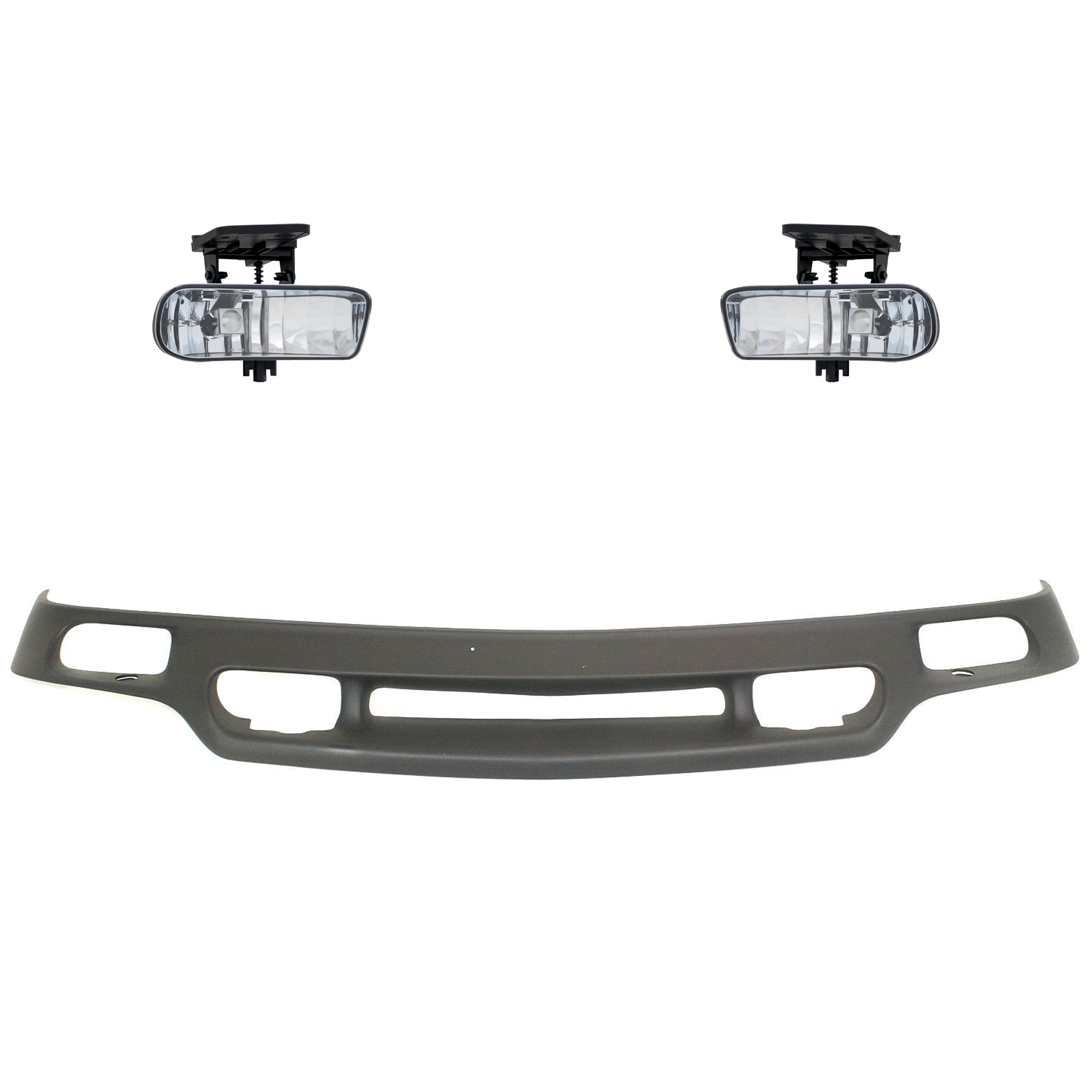 AM SIERRA 99-04 FRONT LOWER VALANCE 3 pc kit w Fog Light Air Deflector Textured w Fog Light Holes SKU KIT 072324-213 Partslink GM1092169 GM2593110 GM2592110 OEM 88980801-10385055-10385054