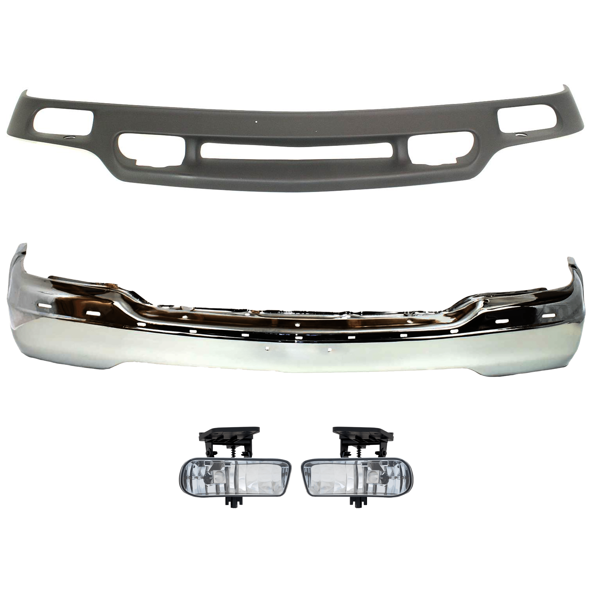 AM SIERRA 99-02 YUKON 00-06 FRONT BUMPER 4 pc kit w Fog Light and Valance Chrome w o Air holes w o Bracket SKU KIT 072324-214 Partslink GM1002835 GM2593110 GM2592110 GM1092169 OEM 15758072 PFM 10385055-10385054
