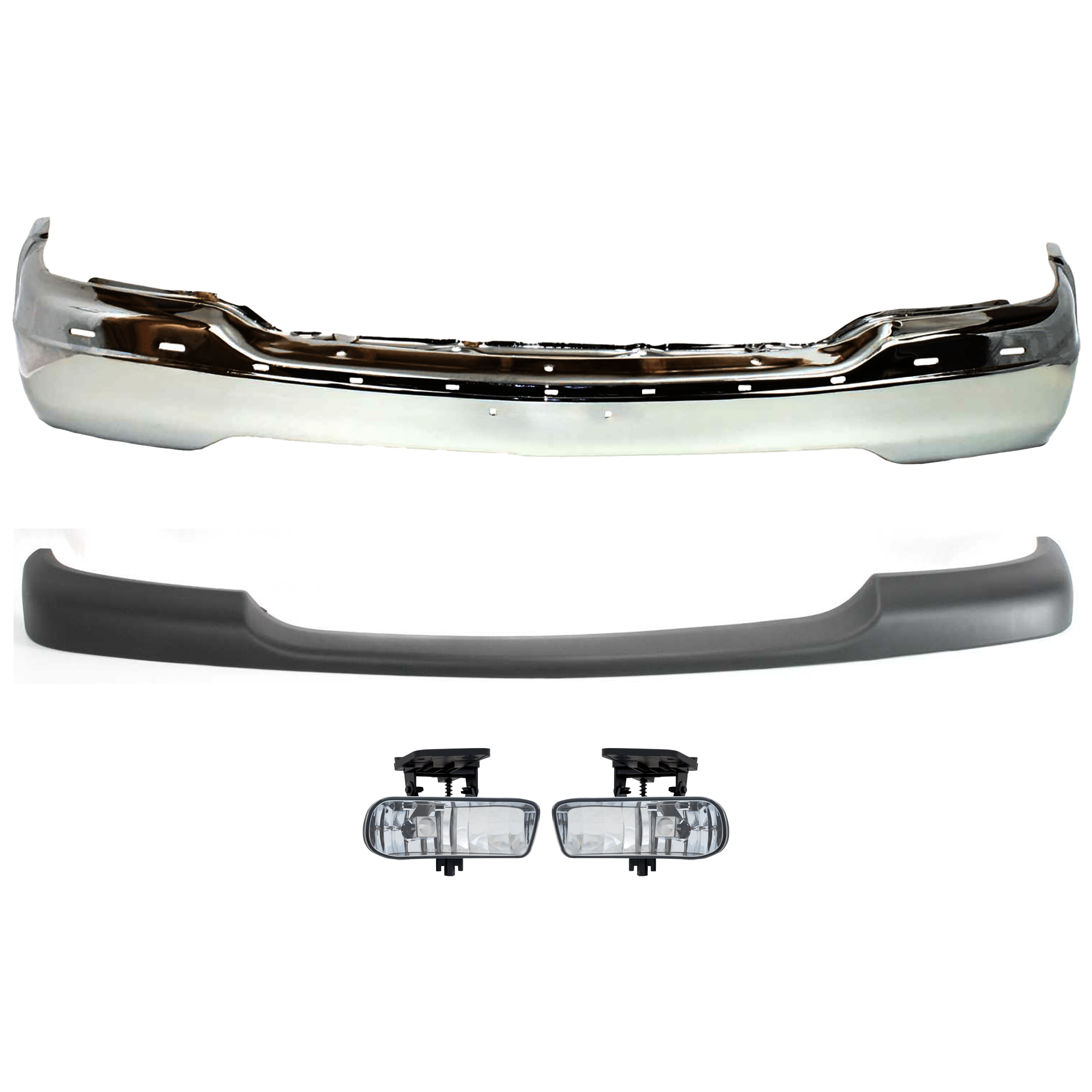 AM SIERRA 99-02 YUKON 00-06 FRONT BUMPER 4 pc kit w Bumper Trim and Fog Light Chrome w o Air holes w o Bracket SKU KIT 072324-215 Partslink GM1002835 GM1051105 GM2593110 GM2592110 OEM 15758072 PFM 15748374-10385055