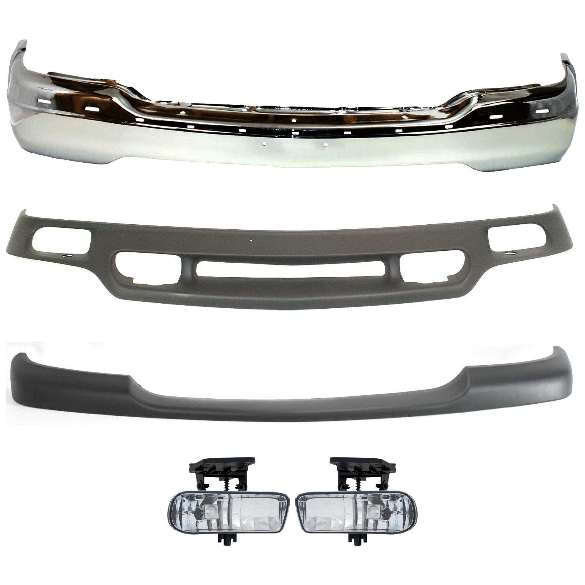 AM SIERRA 99-02 YUKON 00-06 FRONT BUMPER 5 pc kit w Bumper Trim Fog Light and Valance Chrome w o Air holes w o Bracket SKU KIT 072324-216 Partslink GM1002835 GM1051105 GM2593110 GM2592110 GM1092169 OEM 15758072 PFM 15748374-10385055