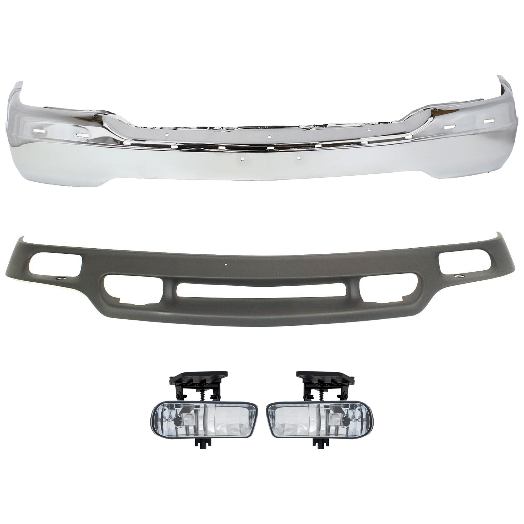AM SIERRA 1500-99-02 YUKON 00-06 FRONT BUMPER 4 pc kit w Fog Light and Valance Chrome w Bracket w o Air Holes SKU KIT 072324-217 Partslink GM1002373 GM2593110 GM2592110 GM1092169 OEM 15758072-10385055-10385054-889