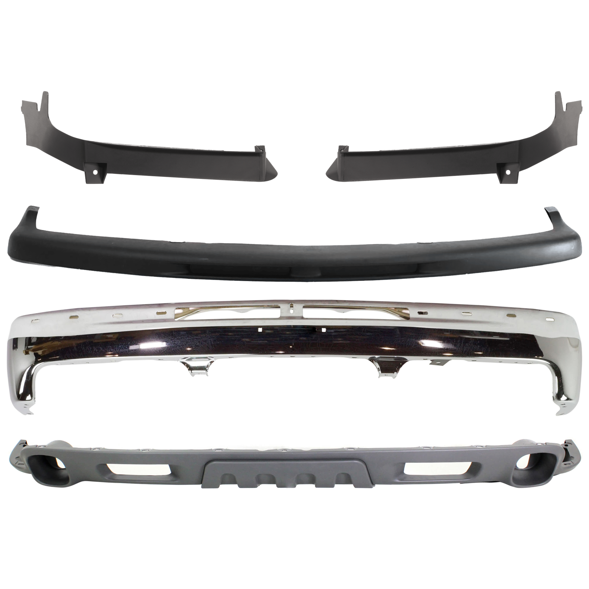 AM SILVERADO 99-02 TAHOE 00-06 FRONT BUMPER 5 pc kit w Bumper Trim and Valance Chrome w Brackets SKU KIT 072324-221 Partslink GM1003127 GM1051103 GM1089166 GM1088166 GM1092209 OEM 12336026 PFM 15050703-15035438