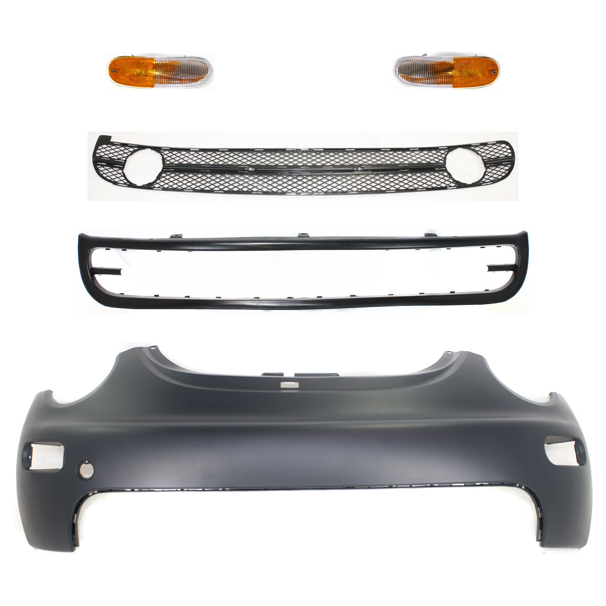 AM BEETLE 98-98 FRONT BUMPER COVER 5 pc kit w Bumper Grille Turn Signal Light and Valance Primed Hatchback SKU KIT 072324-229 Partslink VW1000134 VW1200127 VW2520103 VW2521103 VW1094109 OEM 1C0807221CGRU 1C0807681C01C 1C