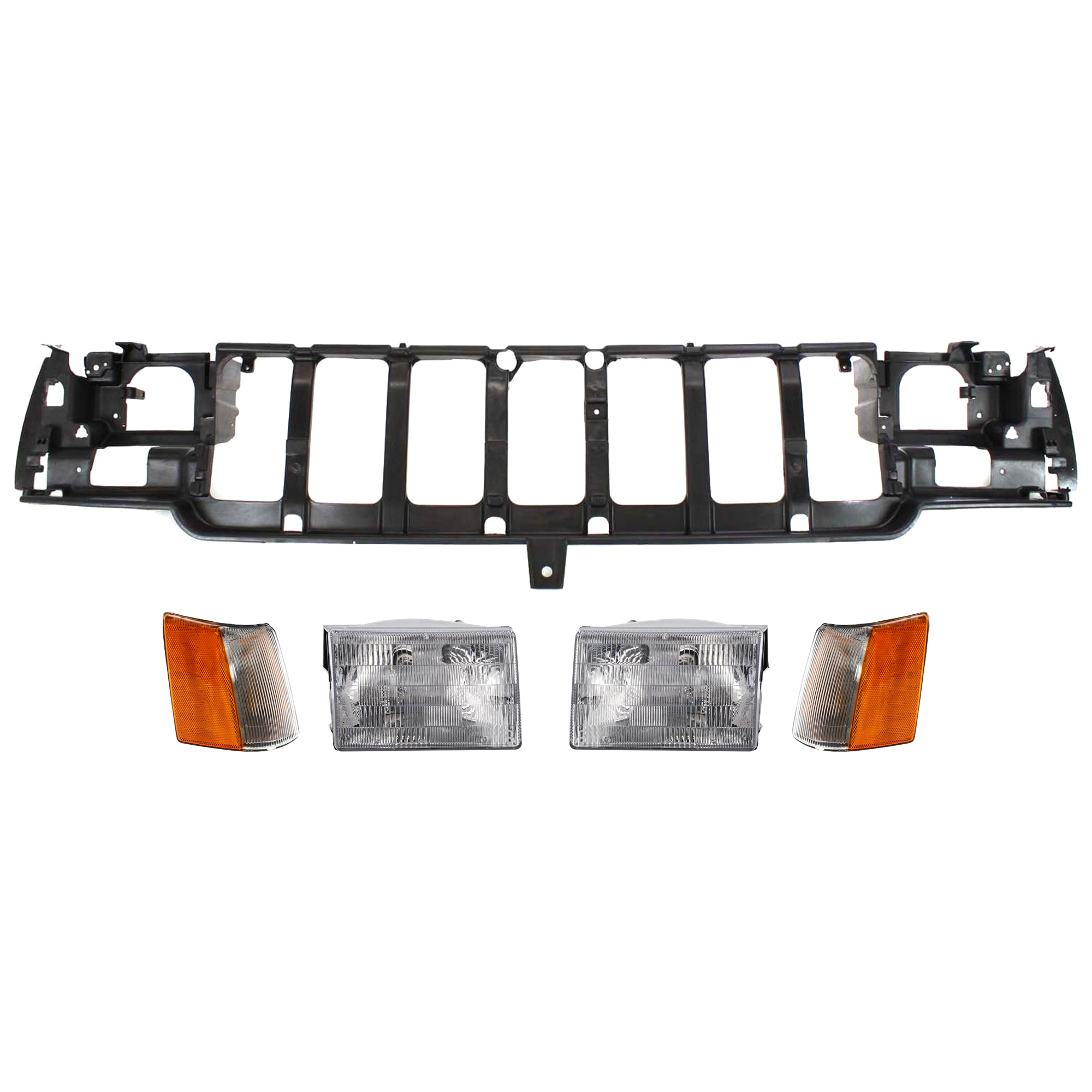 AM GRAND CHEROKEE 96-98 HEADER PANEL 5 pc Kit w Corner Light and Headlight Thermoplastic w o Leveling Device SKU KIT 072324-230 Partslink CH1220114 CH2521121 CH2520121 CH2503104 CH2502104 OEM 55054996AB 56005104-56005105-5