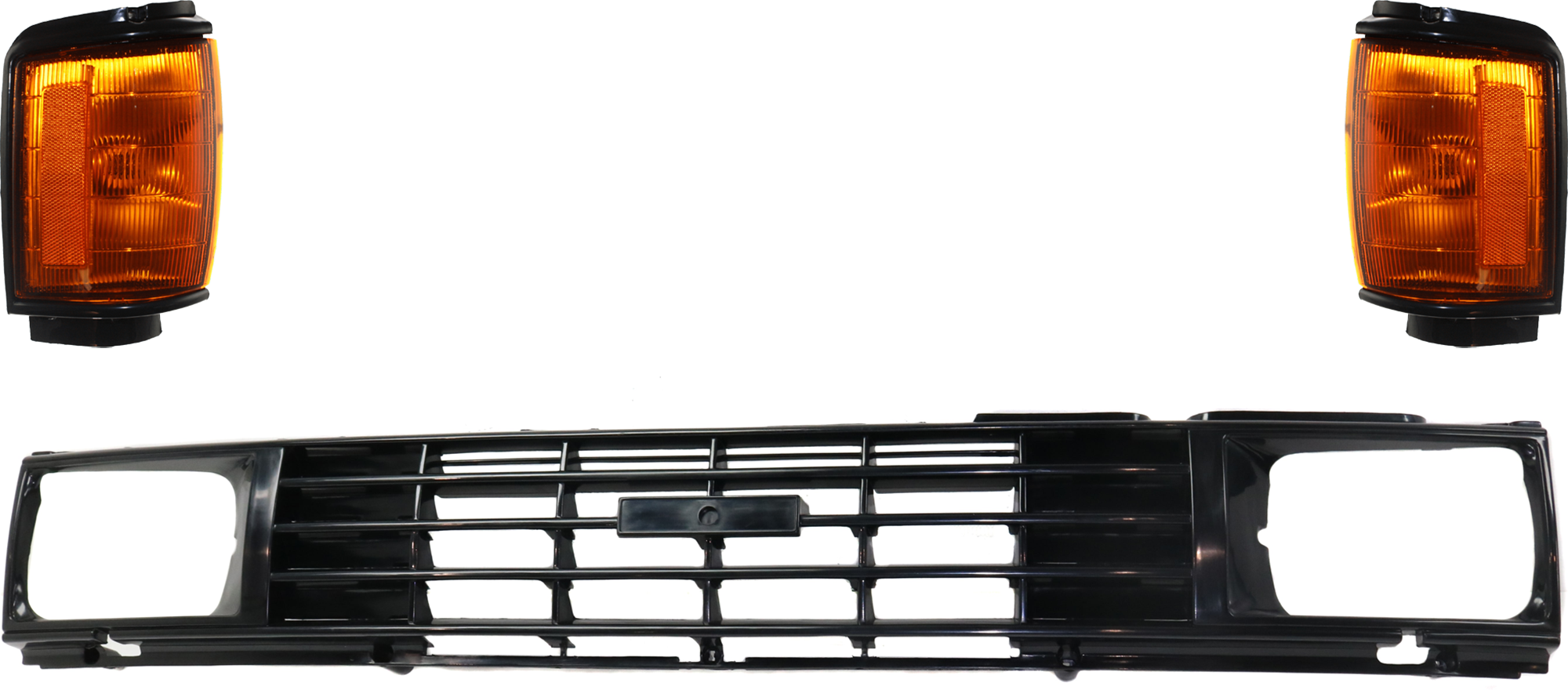 AM TOYOTA PICKUP 84-86 GRILLE 3 pc Kit w Corner Light Exc. DLX Model Black Shell and Insert 1 Piece Type 2WD SKU KIT 072324-231 Partslink TO1200107 TO2520158 TO2521158 OEM 5310089109-8162089143-81610891