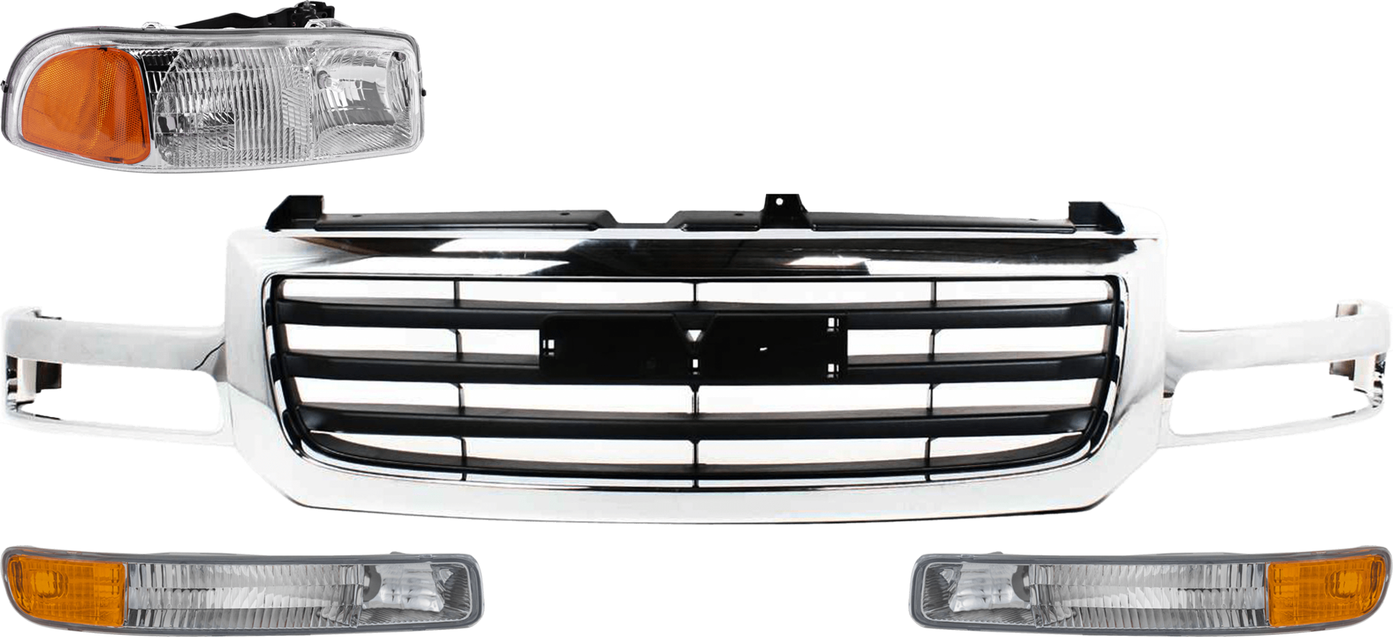 AM SIERRA 1500-03-06-2500-03-04 GRILLE 4 pc Kit w Headlight and Parking Light Chrome Shell Black Insert Includes 2007 Classic SKU KIT 072324-232 Partslink GM1200475 GM2503188 GM2521174 GM2520174 OEM 19130791-15850352-15199561-151