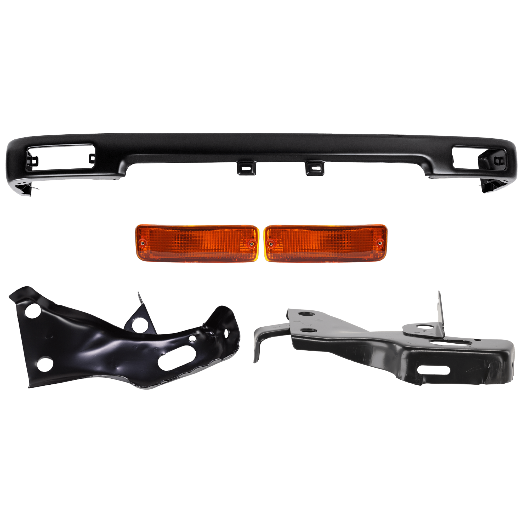 AM TOYOTA PICKUP 89-91 FRONT BUMPER 5 pc kit w Bumper Bracket and Turn Signal Light Black 2WD SKU KIT 072324-233 Partslink TO1002101 TO1066107 TO1067107 TO2520105 TO2521107 OEM 5210189107-5201235060-52011350