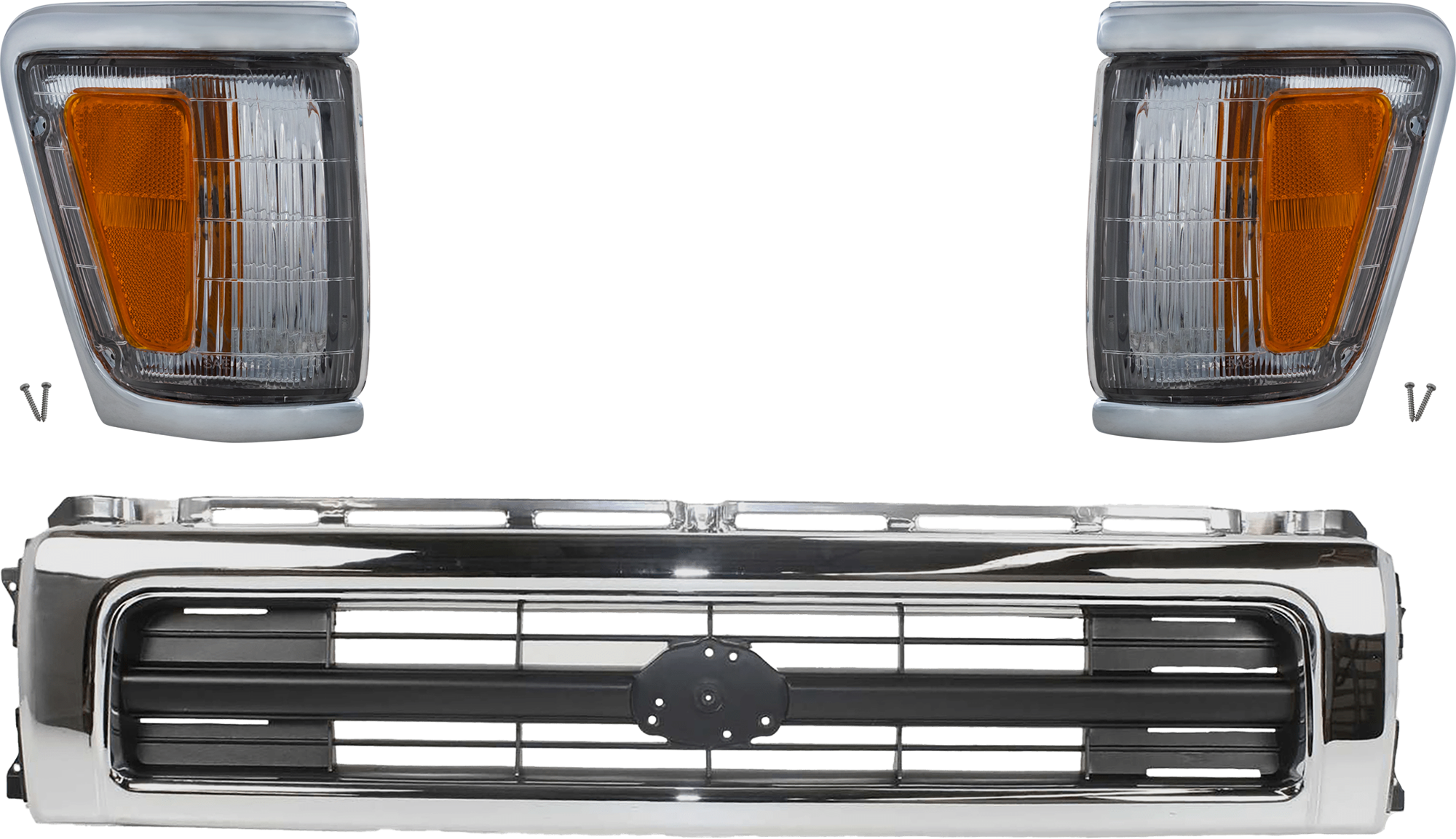 AM TOYOTA PICKUP 92-95 GRILLE 3 pc Kit w Corner Light Chrome Shell Painted Black Insert 4WD SKU KIT 072324-234 Partslink TO1200149 TO2520129 TO2521131 OEM 5311135151-8162035120-81610351