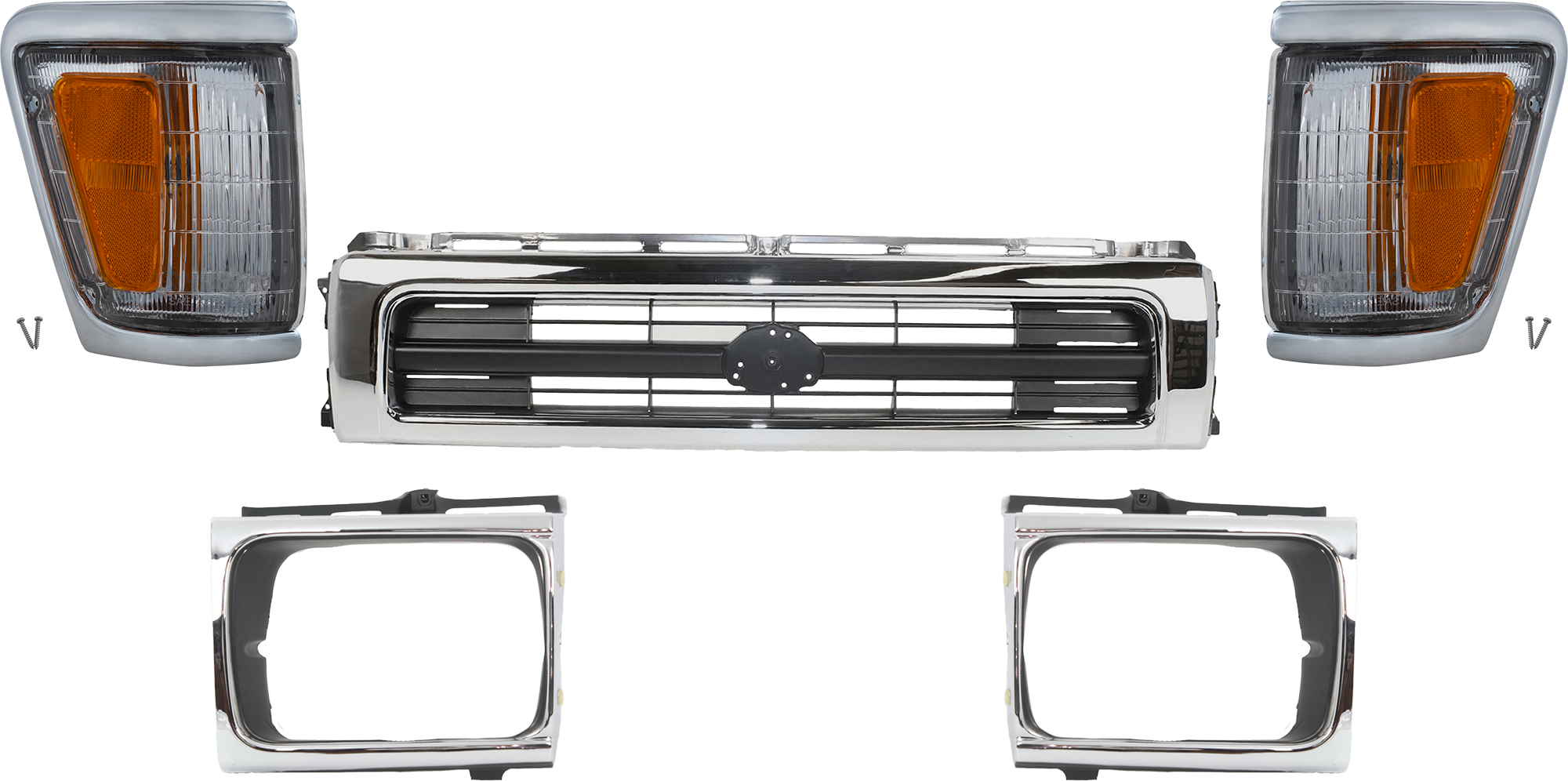 AM TOYOTA PICKUP 92-95 GRILLE 5 pc Kit w Corner Light and Headlight Door Chrome Shell Painted Black Insert 4WD SKU KIT 072324-235 Partslink TO1200149 TO2520129 TO2521131 TO2512116 TO2513118 OEM 5311135151-8162035120-81610351