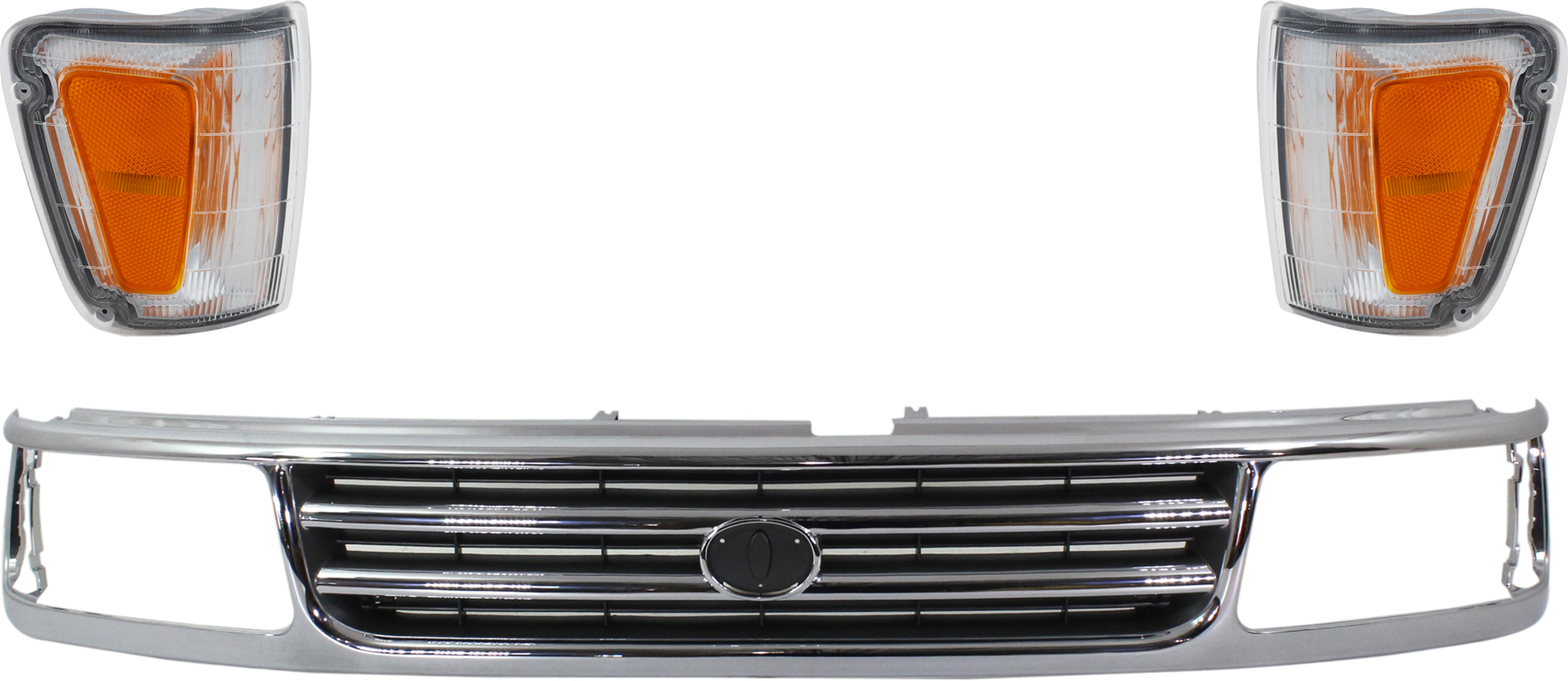 AM T100-93-98 GRILLE 3 pc Kit w Corner Light Chrome Shell Painted Black Insert SKU KIT 072324-236 Partslink TO1200192 TO2520140 TO2521140 OEM 5311134021-8162034010-81610340