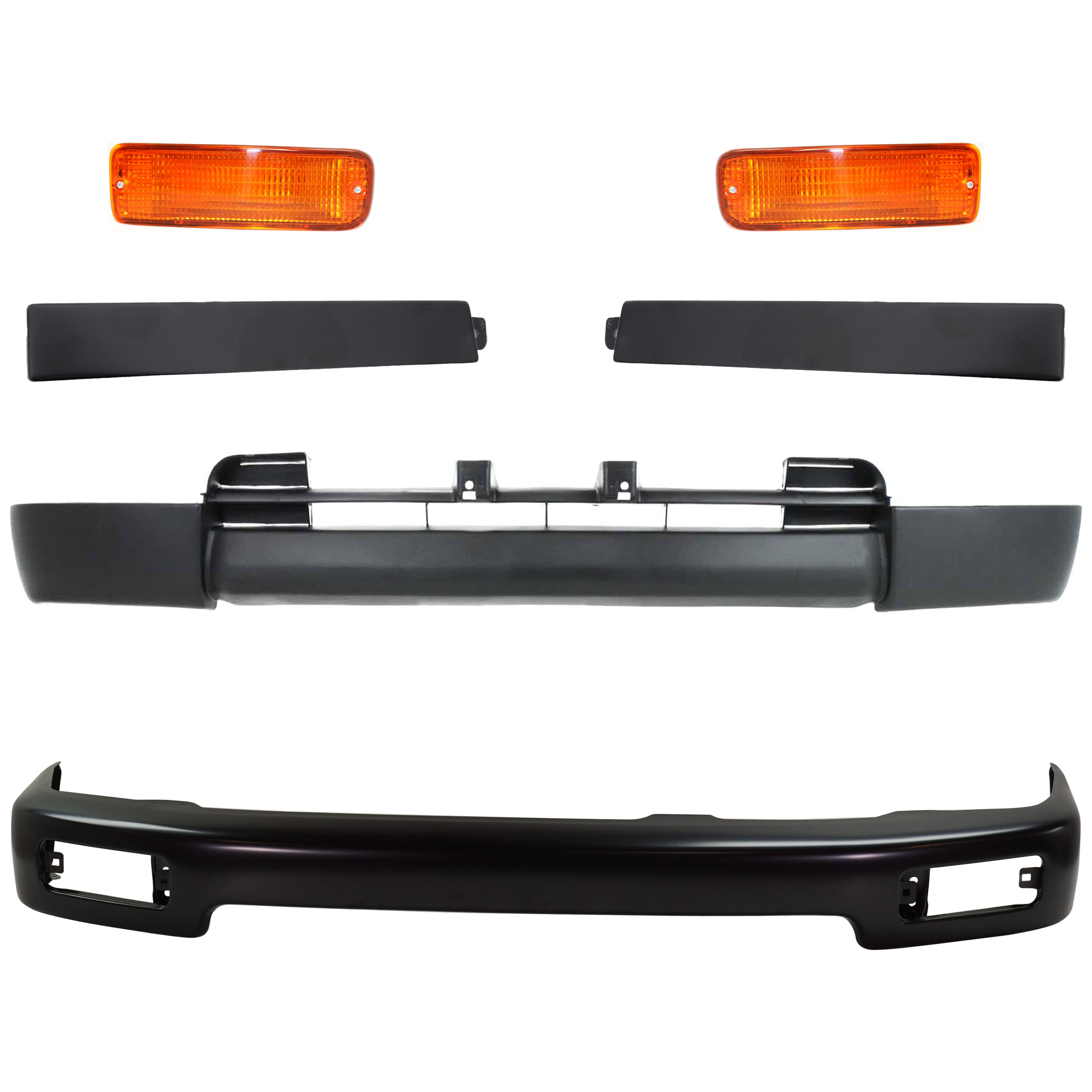AM 4RUNNER 96-98 FRONT BUMPER 6 pc kit w Grille Assembly Turn Signal Light and Valance Face Bar Black Base SR5 Models SKU KIT 072324-239 Partslink TO1002161 TO1089103 TO1088103 TO2530125 TO2531125 TO1095174 OEM 5210135290-5251235030-52513350