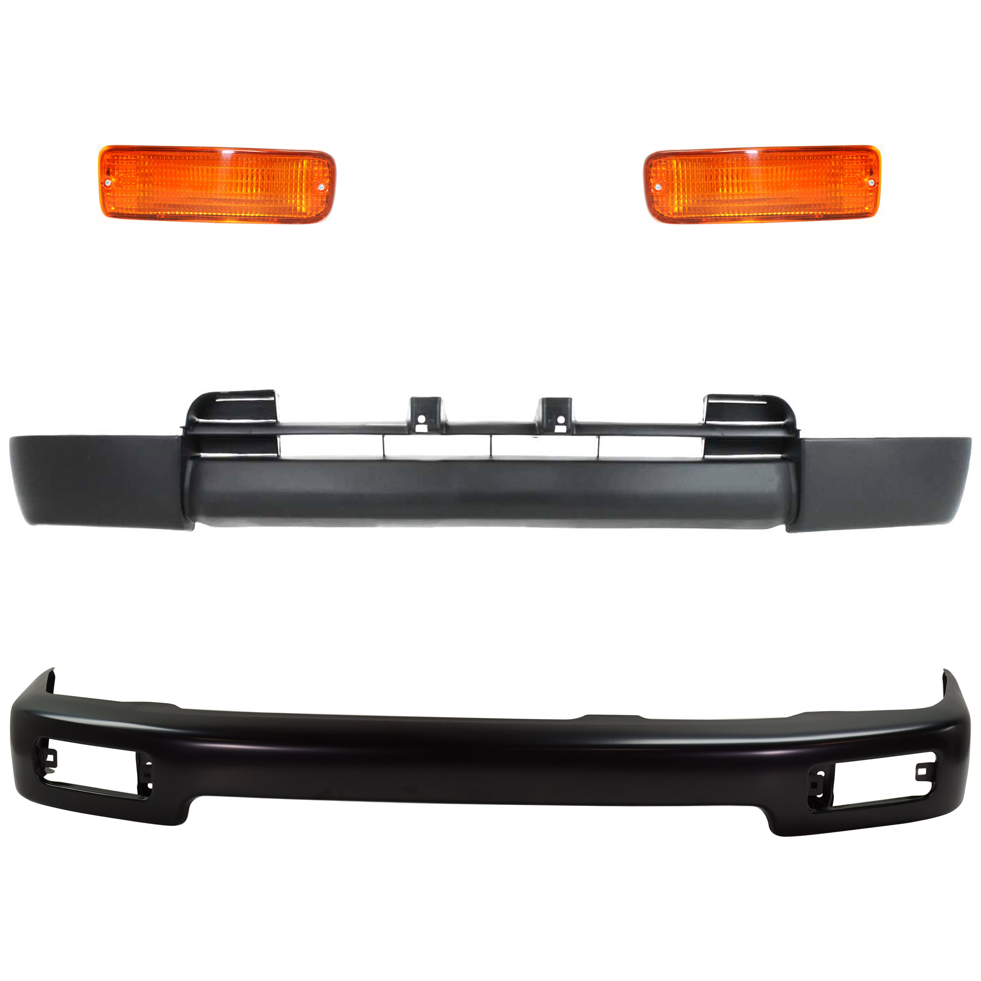 AM 4RUNNER 96-98 FRONT BUMPER 4 pc kit w Turn Signal Light and Valance Face Bar Black Base SR5 Models SKU KIT 072324-240 Partslink TO1002161 TO2531125 TO2530125 TO1095174 OEM 5210135290-8151035120-81520351