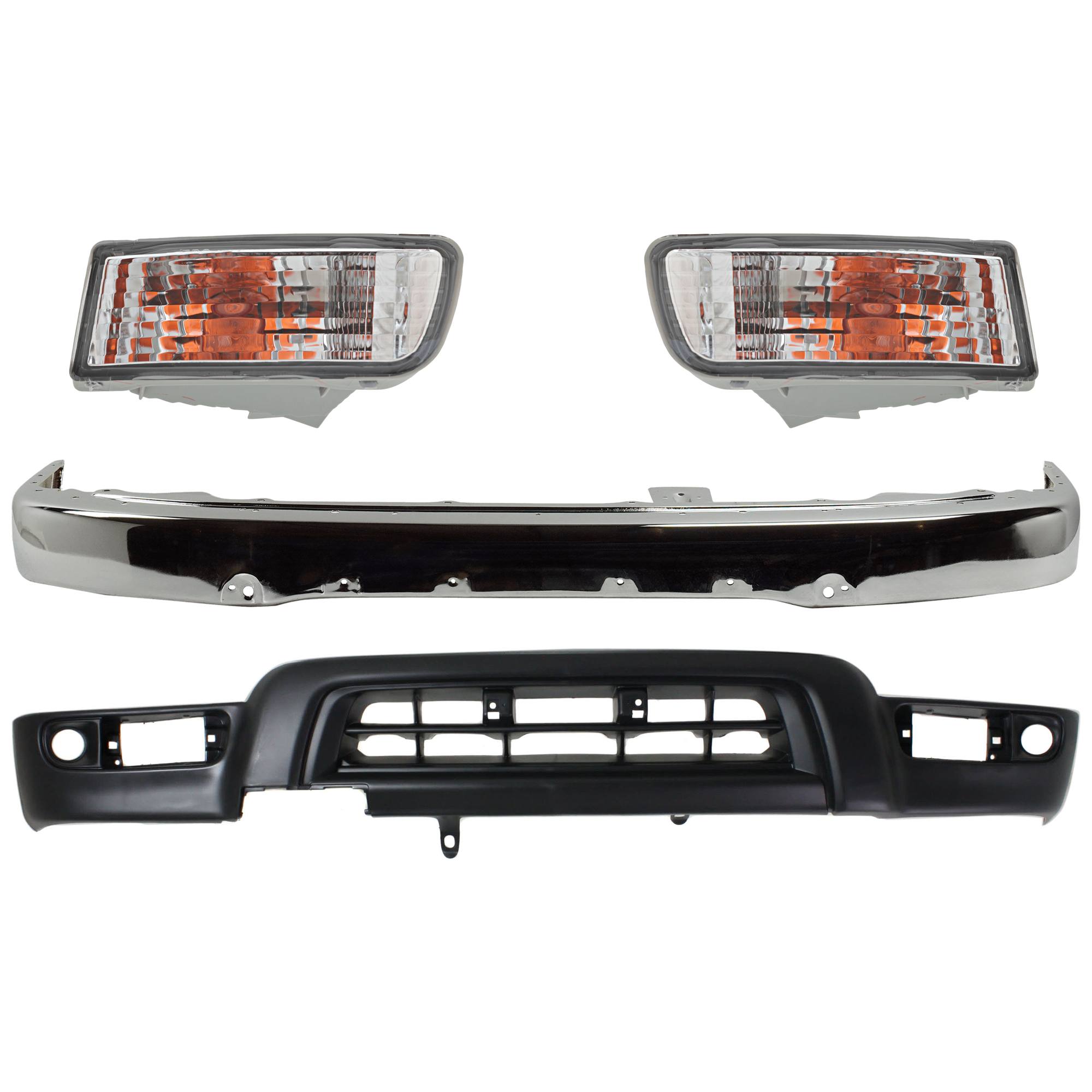 AM 4RUNNER 99-02 FRONT BUMPER 4 pc kit w Turn Signal Light and Valance Face Bar Chrome Base SR5 Models w o Sport Pkg. SKU KIT 072324-243 Partslink TO1002168 TO2530133 TO2531133 TO1095181 OEM 5210135660-8152035250-81510352