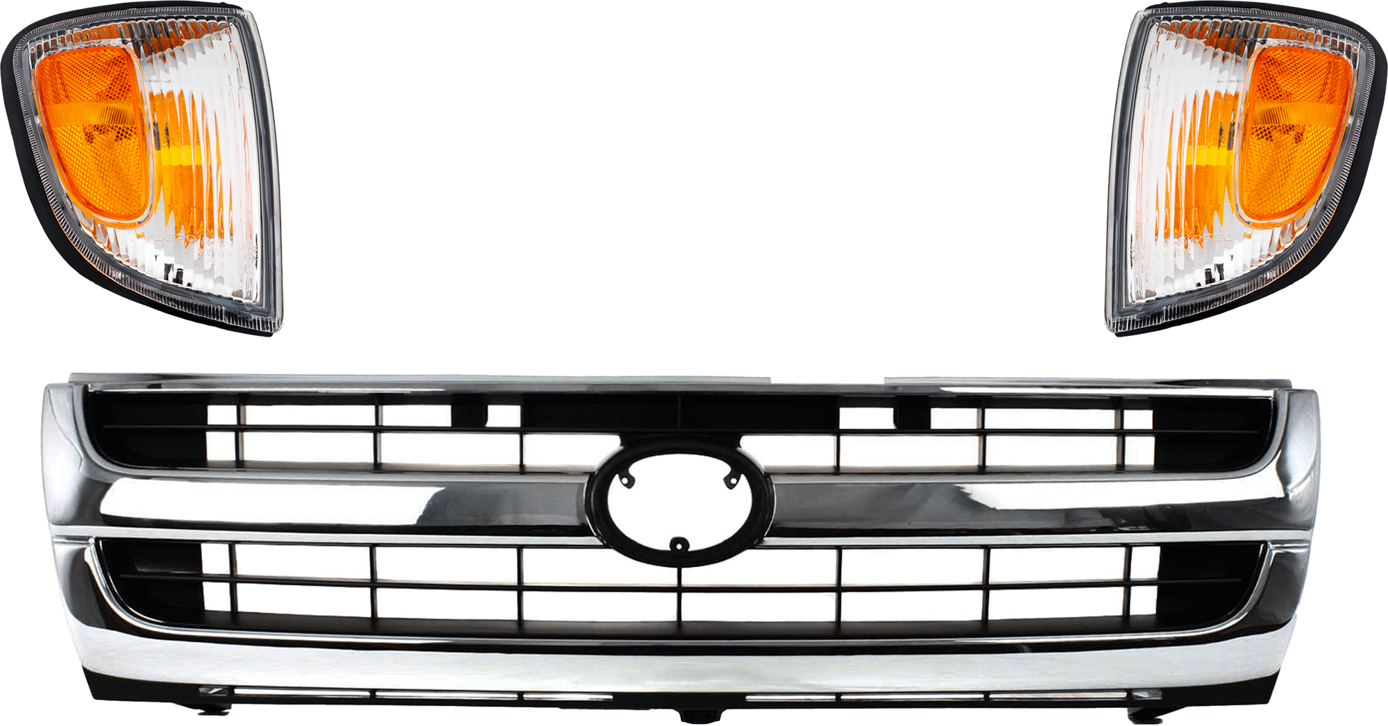 AM TACOMA 97-00 GRILLE 3 pc Kit Chrome Shell Painted Black Insert w Corner Light RWD Exc. Pre Runner Model SKU KIT 072324-245 Partslink TO1200205 TO2520155 TO2521155 OEM 5310004070-8162004050-81610040