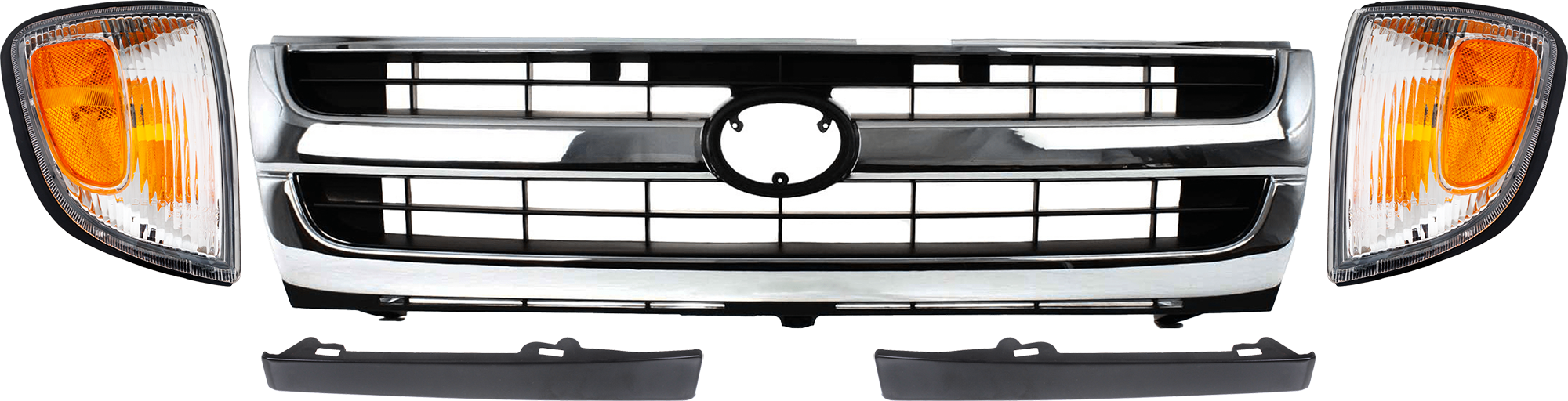AM TACOMA 97-00 GRILLE 5 pc Kit Chrome Shell Painted Black Insert w Bumper Filler and Corner Light RWD Exc. Pre Runner Model SKU KIT 072324-246 Partslink TO1200205 TO1088102 TO1089102 TO2520155 TO2521155 OEM 5310004070-5251335040-52512350