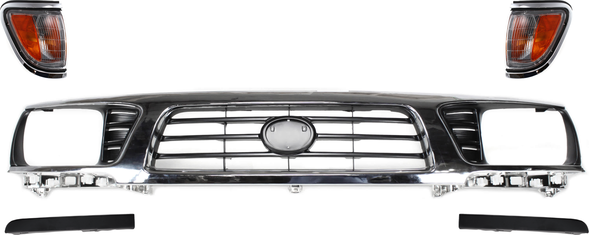 AM TACOMA 95-97 GRILLE 5 pc Kit w Corner Light and Headlight Filler Chrome Shell Painted Black Insert 4WD SKU KIT 072324-249 Partslink TO1200197 TO2521143 TO2520143 TO1088106 TO1089106 OEM 5310035340-8161004040-81620040