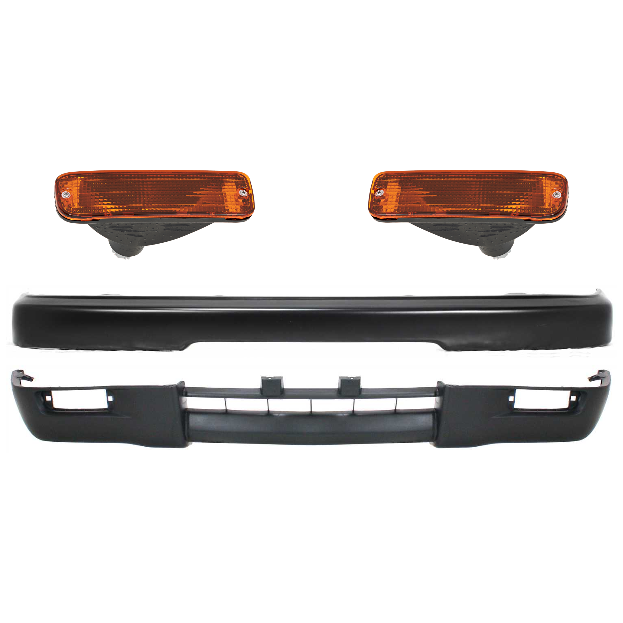 AM TACOMA 95-97 FRONT BUMPER 4 pc kit w Turn Signal Light and Valance Black 4WD SKU KIT 072324-254 Partslink TO1002155 TO2531122 TO2530122 TO1095175 OEM 5210104070-8151035110-81520351