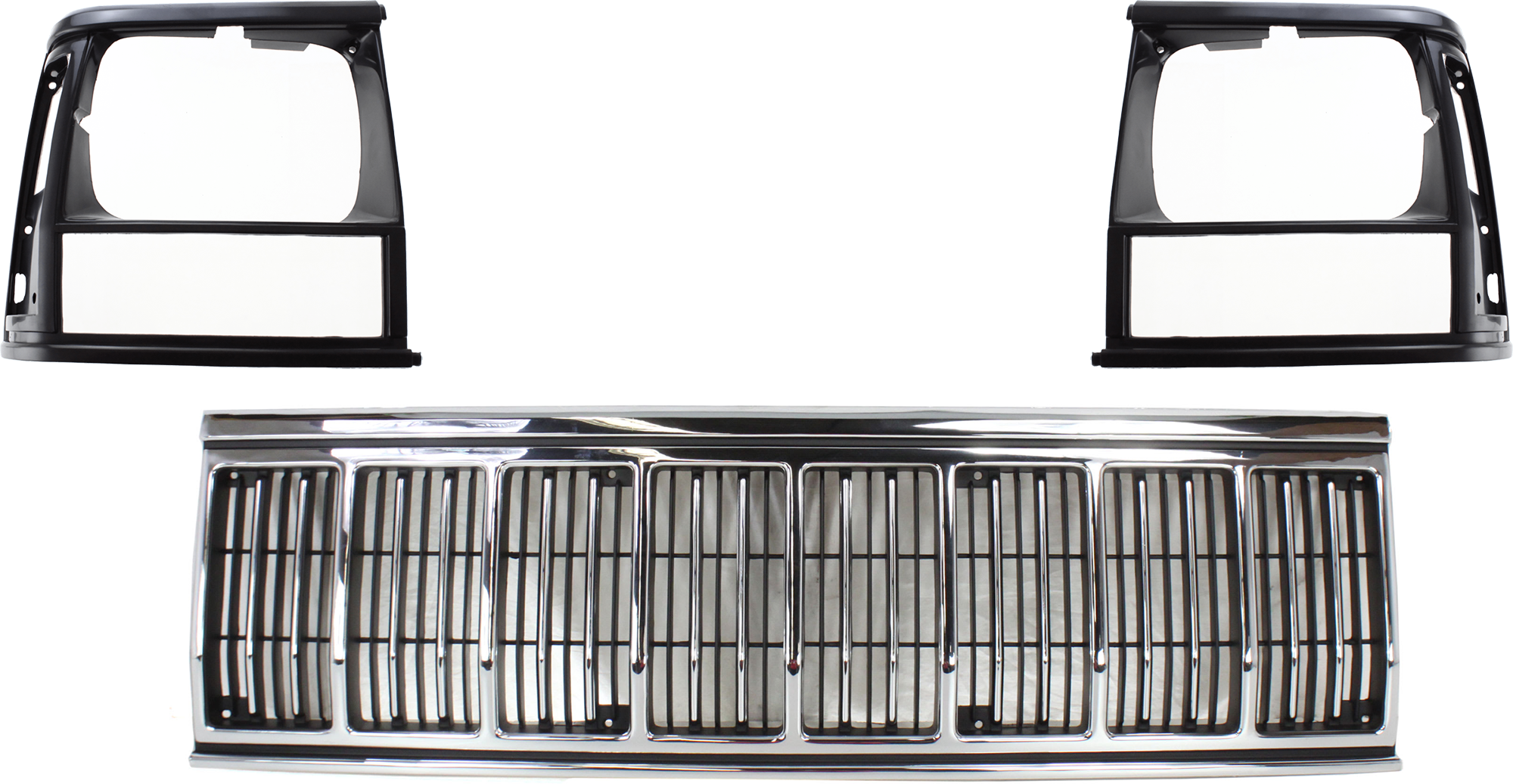 AM CHEROKEE 91-96 GRILLE 3 pc Kit w Headlight Door Chrome Shell Painted Black Insert SKU KIT 072324-256 Partslink CH1200196 CH2512124 CH2513124 OEM 55034046AB 5DV51TZZ 5DV54TZZ