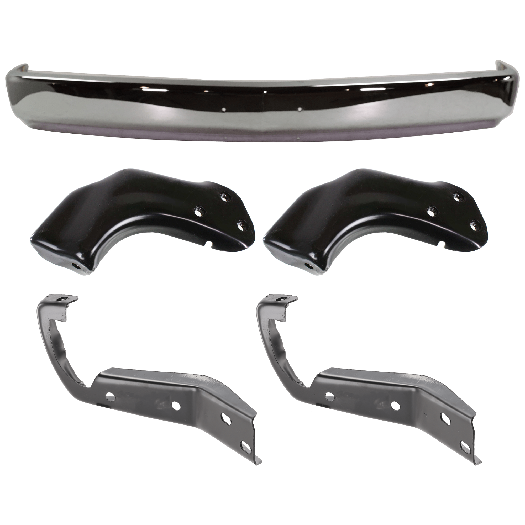 AM C K FULL SIZE P U 88-02 FRONT BUMPER 5 pc kit w Bumper Bracket Face Bar Chrome w o Air Intake and Impact Strip Holes w License Plate Holes SKU KIT 072324-257 Partslink GM1002162 GM1067110 GM1067117 OEM 15680830 PFM 15611496-15548416